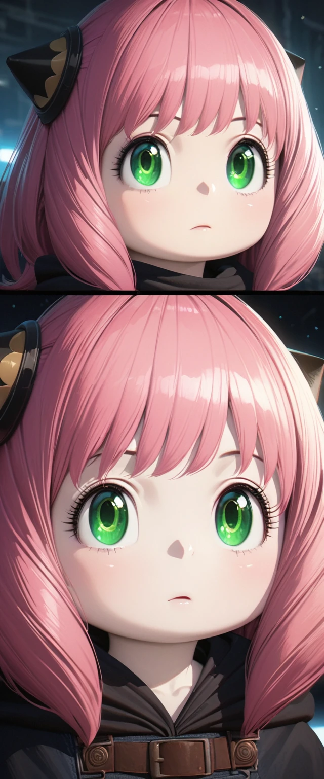 Beautiful baby girl with realistic green eyes, Pale skin, Medium length pink hair, hair pod, Perfect Face, Perfect Eyes, Wearing a black poncho, Very detailed, Overall Movie, Digital Painting, 8k, Cinema Lighting, highest quality, High resolution, Detailed work, Post-processing, Perfect results, Ultra-realistic