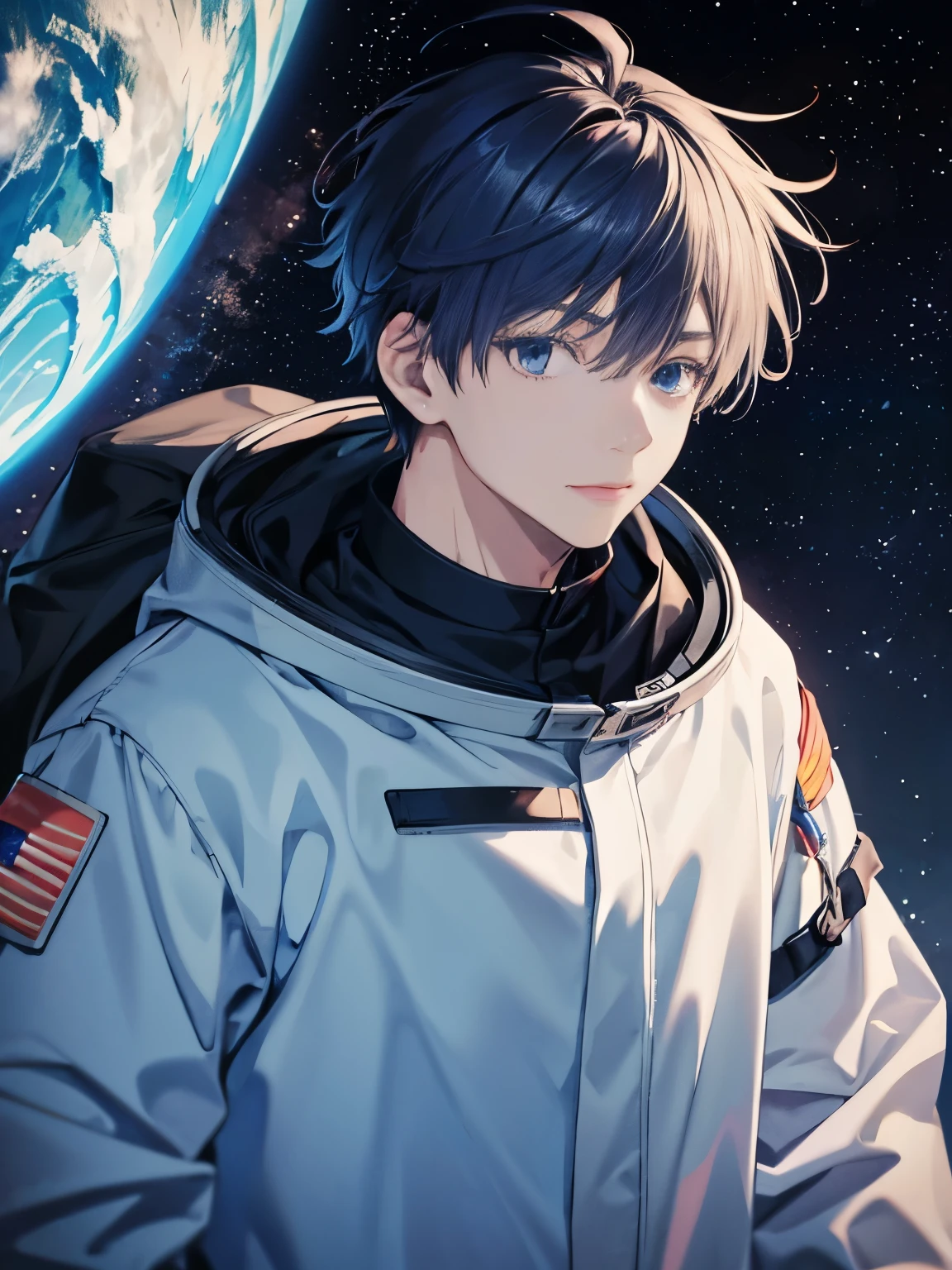 1Male,half body photo,dark blue hair, black eyes, astronaut uniform,ultra detail, ultra hd, masterpiece, 4k