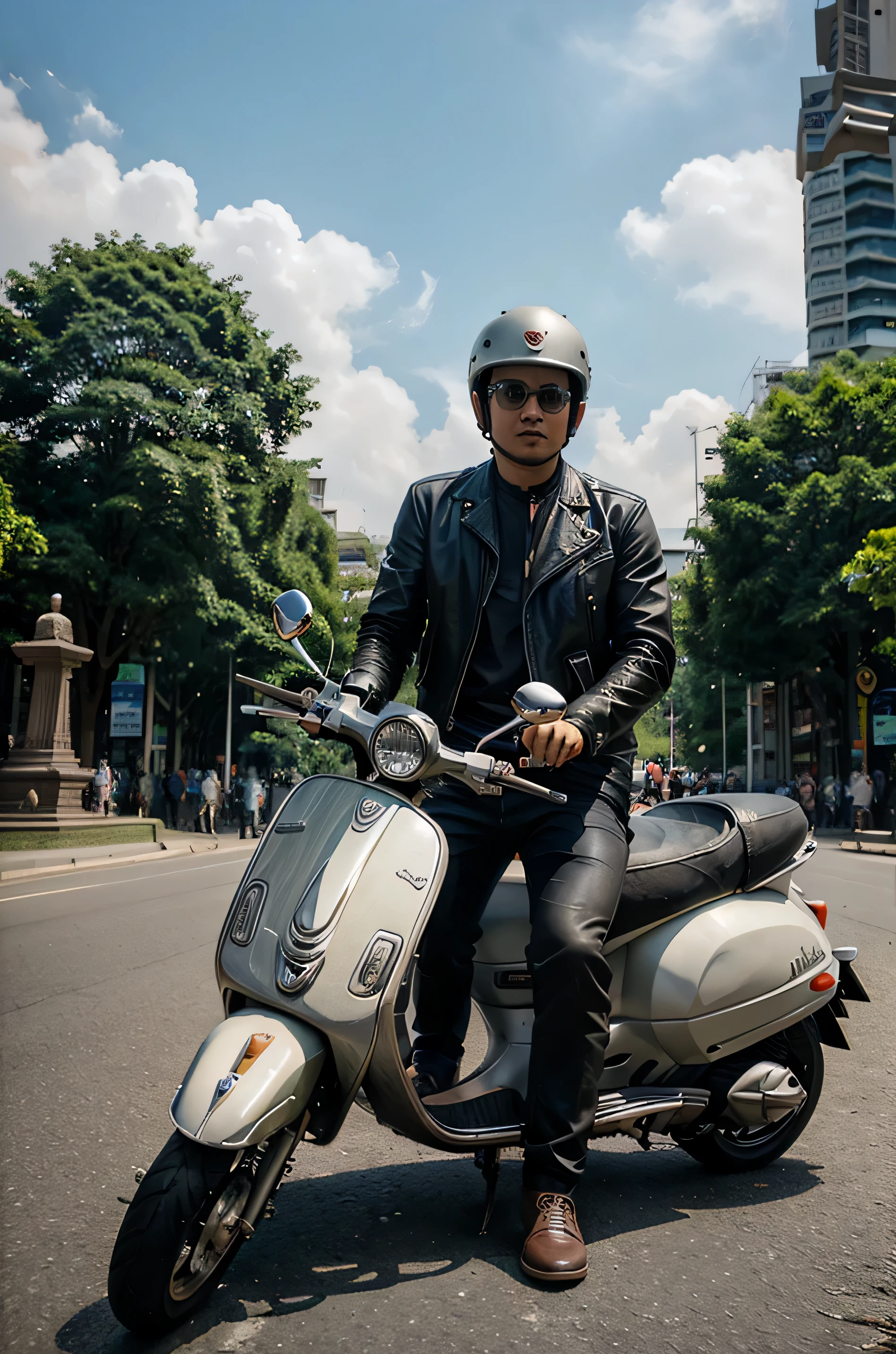 indonesian man a drive Vespa motorcycles with lots of people ride
front view & side wearing leather shoes jacket
helmet & sunglass ,photo view with background 
the road Monumen nasional jakarta
hyprealistic ,ultra 4K