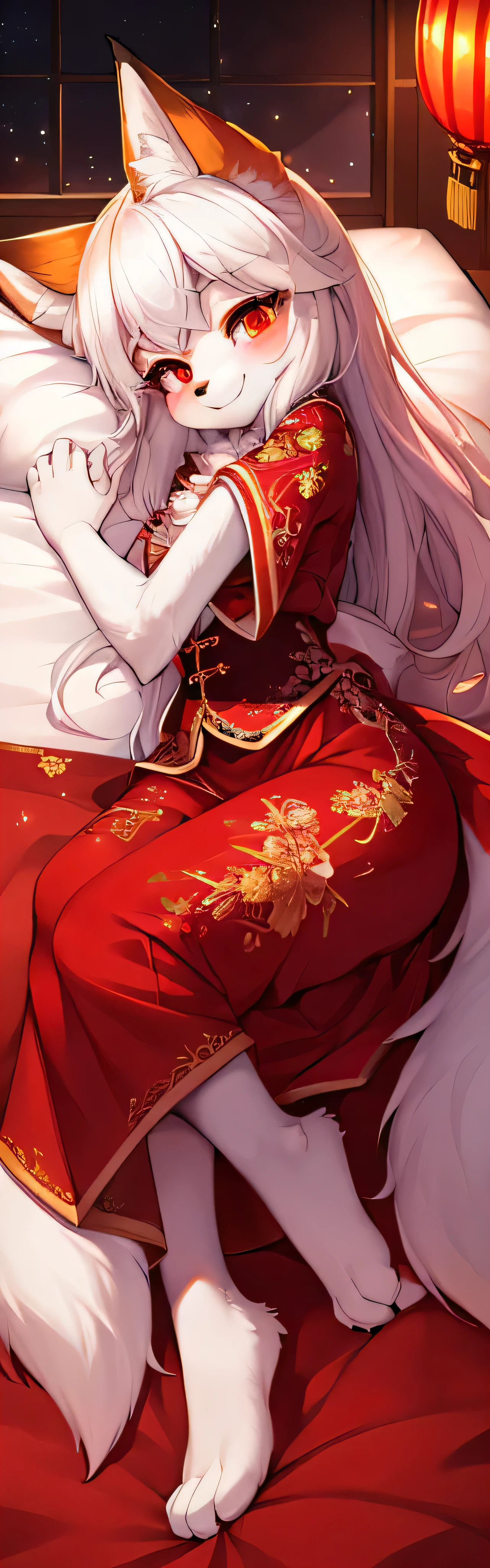 (best quality,4K,high resolution),Fluffy,White fur,Cute face,Red accents on fur,beautiful lights,Ambient Light,Extremely fine fur,Volumetric Lighting,fox,Chinese,Smile,Watching you,fox nose,sparkles on clothes,flame,Overlooking,Lying in bed,Miss,SFW content,whole body