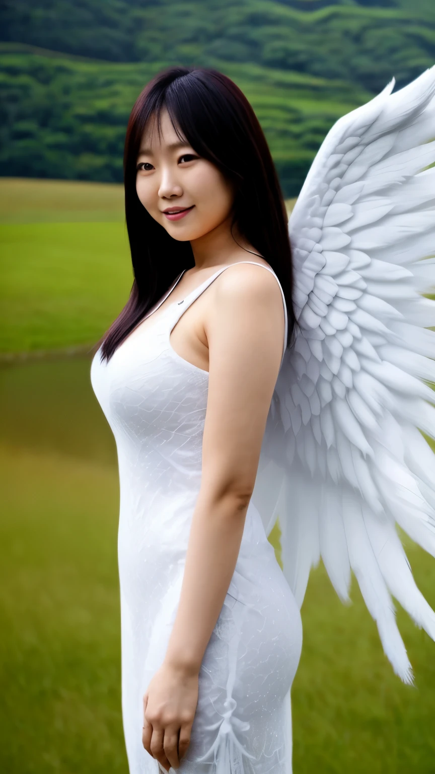 30-year-old Asian woman has angel wings，whole body，Floating in the night sky