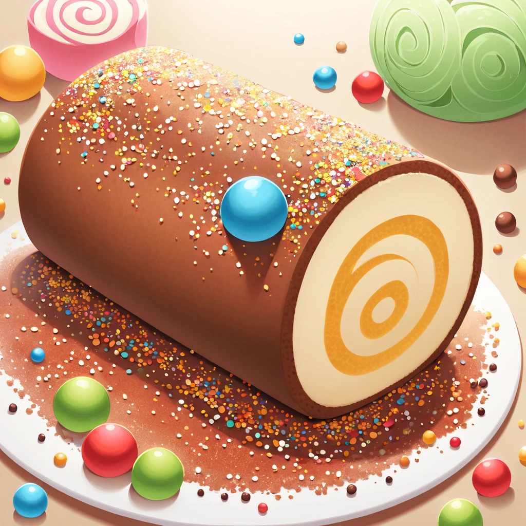 A delicious Swiss roll，(solo), Its distinctive feature is its bright chocolate color，This Swiss roll is decorated with colorful sugar granules.，These colorful sugar particles add a playful atmosphere to it.，Sugar granules with rich colors，Red is included，and green，A pleasant contrast to the chocolatey tones of the Swiss roll.，Swiss rolls are carefully made，A perfect spiral shape，Its texture looks extremely attractive，Soft and fluffy inner layer，The skin is slightly crispy，Sugar coating is smooth and shiny，The reflected luster makes the Swiss roll look more attractive。