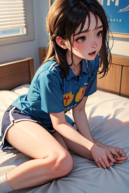 3D illustration、Wearing a soccer uniform with an embroidered logo、 girl with small breasts、Sweaty and looking happy、Her nipples are visible and protruding、Lying on the bed、Low - Angle、The uniform has an embroidered logo、indoor、
