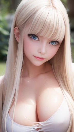 (8k), (highest quality), (Pieces fly:1.2), (reality), (that'Photorealistic:1.37), Very detailed, 1 girl, Cute type,((Just came out of the lake)),Smiling gentle expression、Beautiful and exquisite light blue eyes, Beautifully detailed nose, whole body, Wet Hair, Mid-breasted, ((playwright)),See through,((Wet)),((See through)),(((seductive pose))),(((stroking your hair with one hand)))、、bright look、ponytail、young, Shiny, white, Glowing Skin、The ultimate beauty、Blonde reflection、Platinum blonde hair with dazzling highlights、Shiny bright hair,、Super long, silky straight hair、Shiny beautiful bangs、big, bright, Clear and attractive light blue eyes、so beautiful, Lovely, Cute 16 year old girl、Bust of a Rich Man,beautiful white blouse、((Enjoy with your whole body 1.5))++、