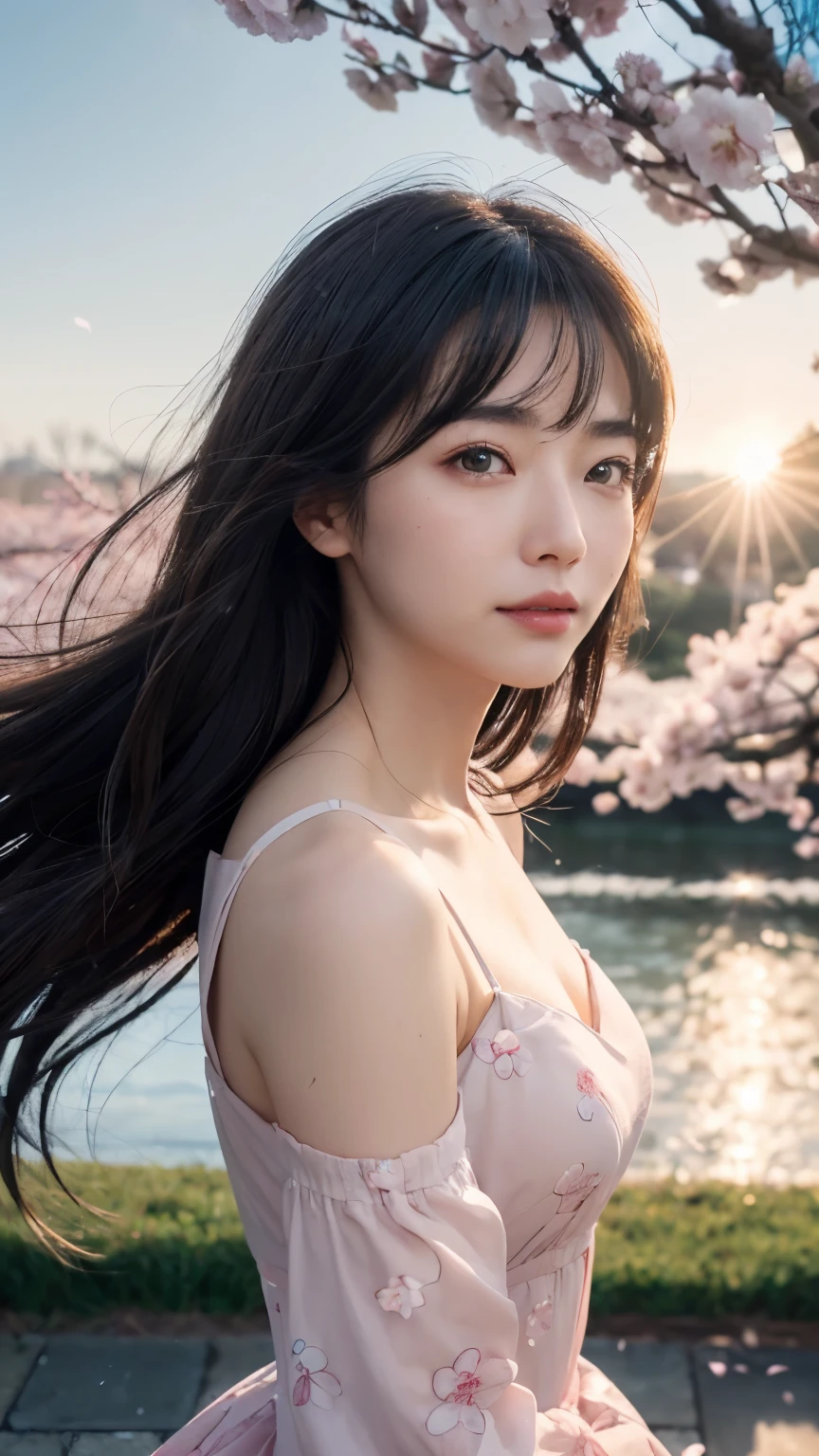 (logo、masterpiece、8k、Tabletop、RAW Photos、wonderful、最high quality、Photorealistic and Very detailed CG integrated 8k wallpaper、high quality、Very detailed、Narrative poem、Particle Effects、Dynamic Effects、Written boundary depth、Cinematic Light、Lens flare、Ray Tracing)、Fantasy、 (One beautiful woman、dress、dress、Cherry blossom pattern、Black-haired、Beautiful Face、True Face、Beautiful details、eye、Beautiful Skin)、私の髪はWindに舞う、Hair flutters in Wind、Hair bounces、Pink cherry blossom tree、Petals fluttering、SakuraFubuki、wonderful scenery、sunrise、Sun in the background、Wind