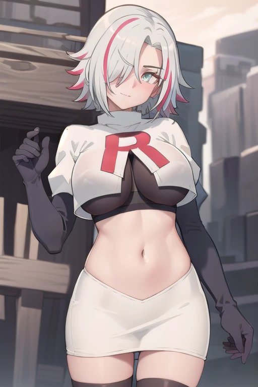 (masterpiece:1.2, best quality), (finely detailed beautiful eyes: 1.2), solo focus, (ultra-detailed, hires), (modern day, beautiful detailed face, beautiful detailed eyes), 1girl, , Sofia Bulga , short hair,streaked hair , hair over one eye , , blush, large breasts , team rocket,team rocket uniform,white skirt,red letter R,crop top,black thigh-highs , High contrast, beautiful elegant woman, adult, (best illumination, an extremely delicate and beautiful),(simple backround, outdoors), looking at viewer,beautiful detailed glow,