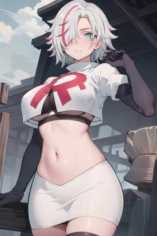 (masterpiece:1.2, best quality), (finely detailed beautiful eyes: 1.2), solo focus,    (ultra-detailed, hires),  (modern day, beautiful detailed face, beautiful detailed eyes),   1girl,  , Sofia Bulga , short hair,streaked hair ,   hair over one eye , , blush, large breasts , team rocket,team rocket uniform,white skirt,red letter R,crop top,black thigh-highs ,  High contrast, beautiful elegant woman, adult, (best illumination, an extremely delicate and beautiful),(simple backround, outdoors), looking at viewer,beautiful detailed glow,