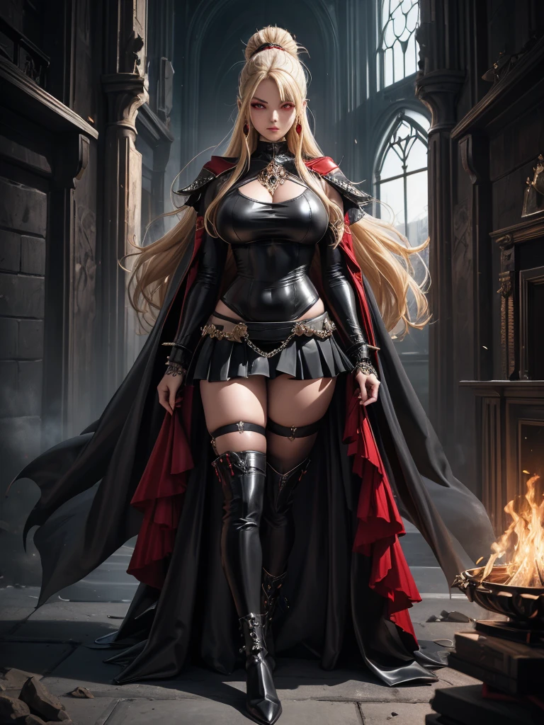 Voluptuous, Busty Blonde Female Dark Knight in ((((Black Full Plate Metal)) Bikini Armor)), Red Eyes, Thigh high Full Metal Plate Armored Boots. (((Full Body View))), Long hair, Messy bun, Wielding a Black Great Sword, (Red Cloak), (Red Pleated Skirt), detailed, perfect makeup, beautiful lips, large hoop earrings, (METAL bikini armor), No Helmet, (No Spikes), Tall girl, Long legs, (Solo, 1girl)