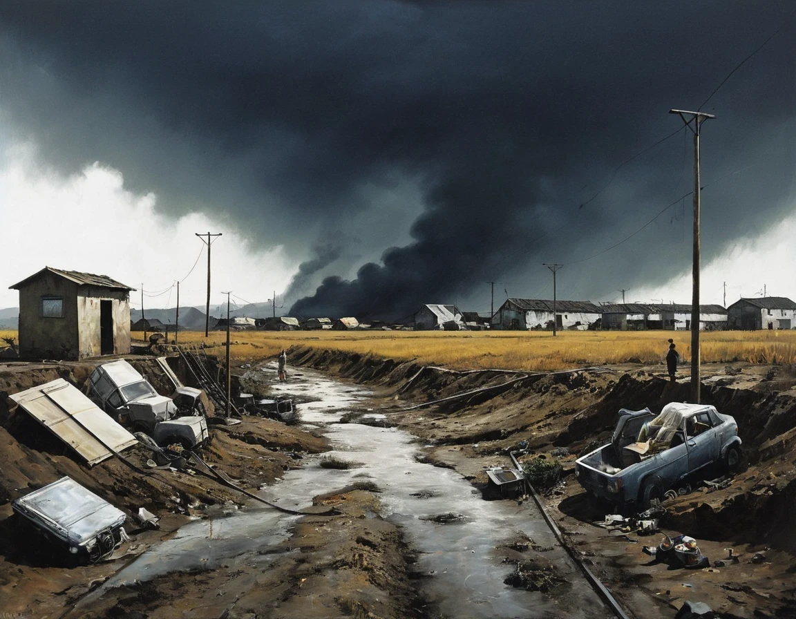 in style of Mark Lague，in style of Beeple，in style of Ian McQue，Latter-day rough soil，（The dark sky is raining sulfuric acid：1.1），The sudden disaster left the earth devastated and desolate.，The living environment is extremely harsh，The sky is always gray，The air is full of harmful substances。Water is becoming scarce，And it is full of various unknown pollutions，Species mutate，Food became scarce，The living environment is harsh，No area to be planned，On an unnamed street，Dilapidated and ugly scenes can be seen everywhere，The underground sewage system on the street has long been paralyzed，The makeshift outdoor toilet exudes a foul odor，Connected to rows of shopping malls。The whole area is sparsely lit.，（A group of people gathered on the roadside），（Most people survive on synthetic food or mutant plants.），background：The dark sky is raining sulfuric acid