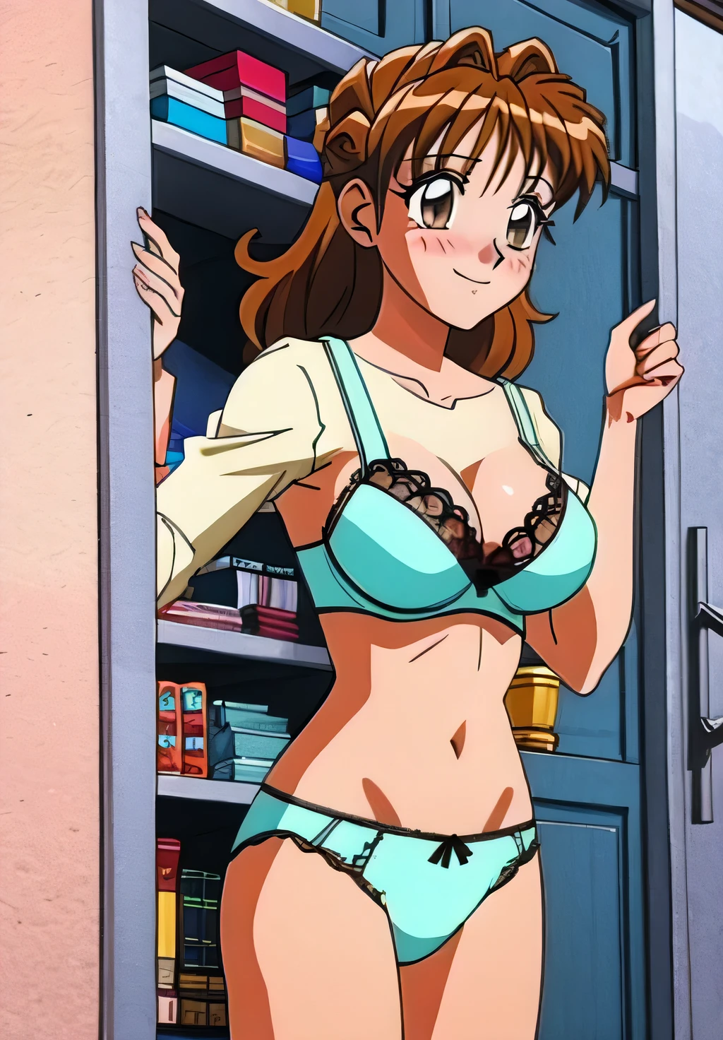 Maron,(((Lace Underwear))),(((Light blue lace bra))),pupil_Brown,blush,smile,locker room,masterpiece, expensive quality, very_expensive_solve, big_file size, Full Color,