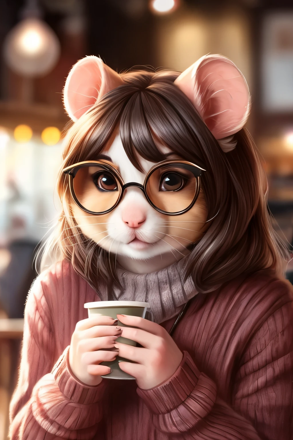 18 year old woman, ((antropomorfic hamster)), ((hamster with realistic fur)), gray sweater, con lentes, en un cafe