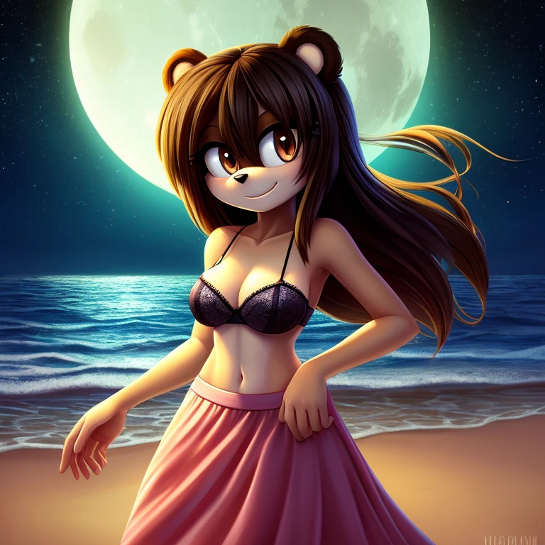 mobian bear, brown hair, brown eyes, black hair, black fur, straight hair, long hair, female, medium breasts, ocean, female, 1girl, portrait, standing, nightgown, strapless bra, cleavage, white long skirt, transparent skirt, dominant female, smile, shore, frilled underwear, night, moon, stars, ghost, transparent body, psychedelic background, Masterpiece, high quality, studio quality, intricate details, 4k, solo