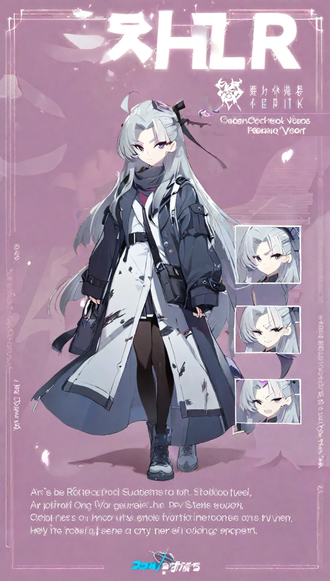 One Girl,High ,Long Hair,Grey Hair,high school student,Concept Art,Long coat,whole body,Are standing,cool,There are wounds around the eyes,bag,Simple background gray,Holding a smartphone in hand,