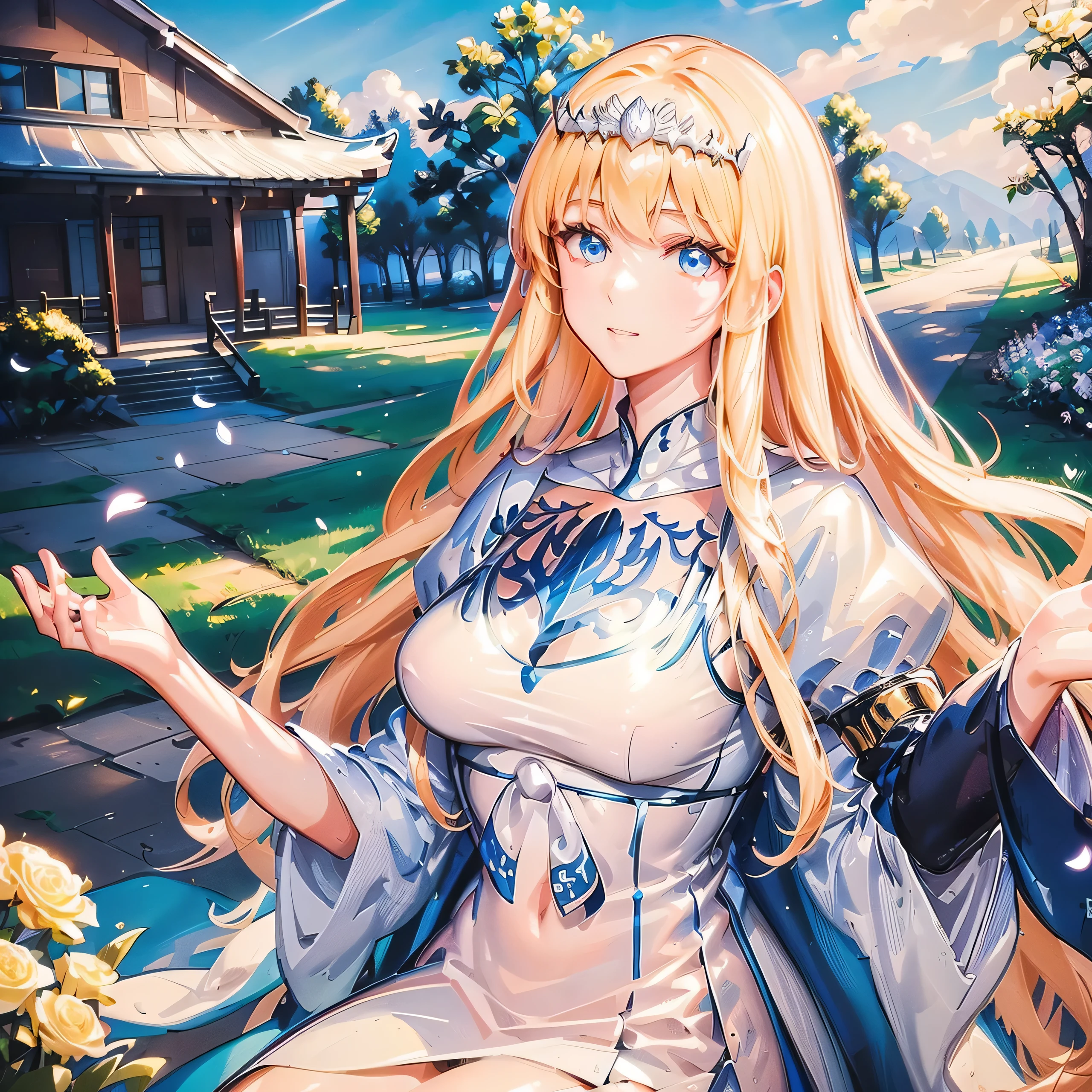 Mature girl, , , flowing hair, delicate and flexible eyes, , FOV, f/1.8, masterpiece, ancient Chinese style architecture, sky blue, flower petals flying, front portrait photo, Chang'e, side lighting, sunlight on people, 8K, 1girl, solo, Calca, Calca Bessarez, blonde hair, extremely long hair, very long hair, white tiara, white dress, blue eyes, medium chest