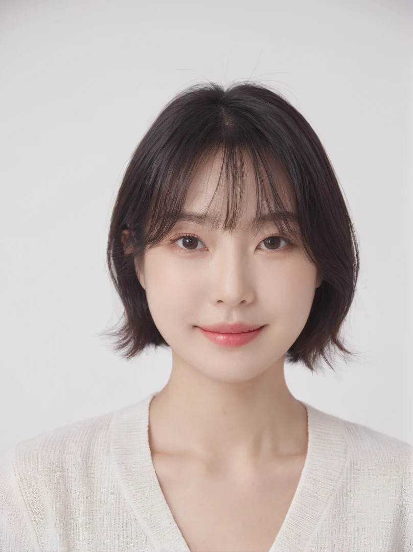 (masterpiece, top quality, best quality, (close-up photograph: 2), ((1girl)), ((korean)), wide face, fair skin, (extremely detailed face), ((looking at viewer)), (ultra-detailed eyes and pupils), (ultra-detailed eyelashes), ((bare pectorals)), ((bare chest)), ((tube dress)), bare head, ((bare shoulders)), symmetrical frame, (((strapless))), (((wide teeth smile))), (((squinch eyes))),((symmetrical pose)), (symmetrical face: 1.6), 35mm, (((plain white background))), direct lighting, no watermark, ((brown hair)), <lora:wendylorashy:1>