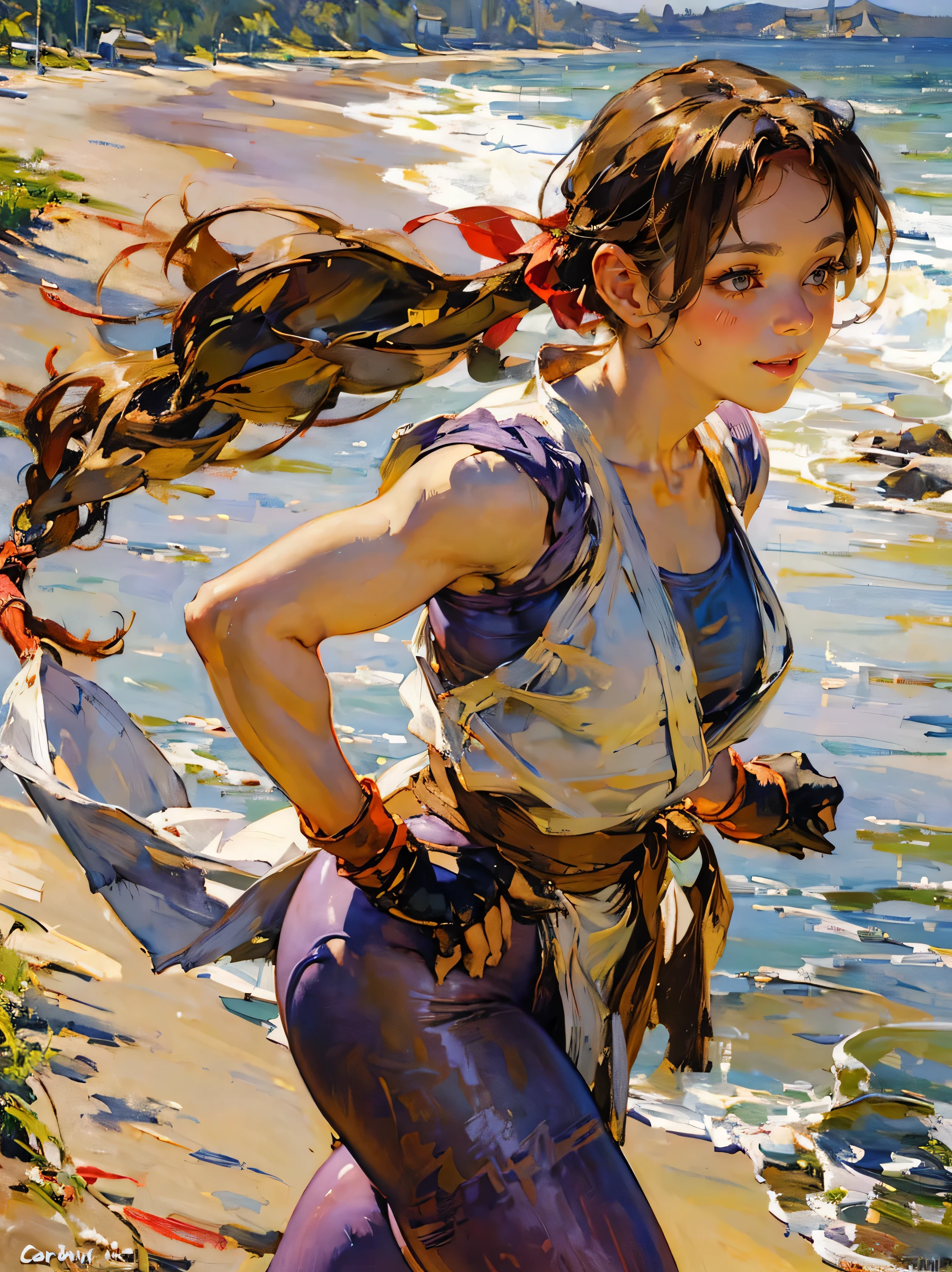 ,(art by Carl Larsson:1.2),post-Impressionist,monet color,narrow waist, wide hips, thick thighs,close shot,((background beach)),the whole body,(oil painting),,soft lighting,COOL,Mai Shiranui, 1girl, solo, yurims, headband, dougi, spandex, gloves, fingerless gloves, leggings,cheerful pose,
