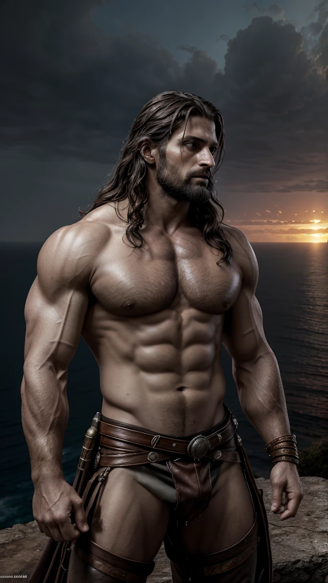 Highly detailed fantasy art full portrait poster wallpaper, Greek God Zeus Poseidon, A super strong、Lean、Muscular、aggressive look、Rugged female warrior Prince of Persia，But Wolverine, Strike an explosive action hero pose, Glowing eyes, Messy long hair, Extremely detailed, Wearing the highest quality leather armor, Dilapidated, Medieval fantasy adventure action theme style, Intricate and surreal details, Post-apocalyptic sunset as background, On top of a cliff by the sea, Enhance overall visual impact, focus, Sharp focus, super realistic, Surrealism, 8K picture quality, Luis Royo, Unreal Engine 5