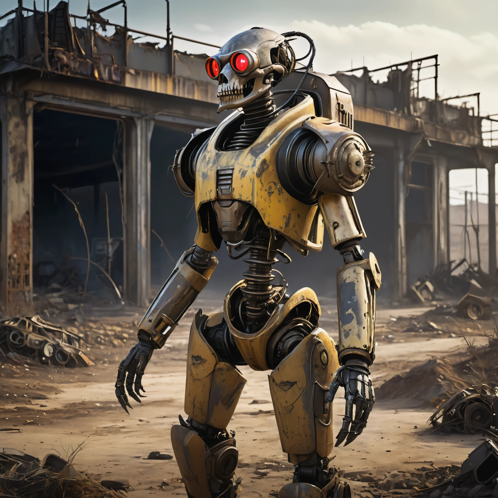 (best quality, highres, ultra-detailed:1.2),(extreme complexity)(multiple subjects) (realistic, photorealistic:1.37), (subject 1: a few humanoid mutants (inspired by random animals), wasteland piecemeal outfits, mutated features, sharp teeth, glowing eyes, various animal characteristics, tattered clothing, rusty metal,), (subject 2:studying human skeleton and derelict ruined robo armor), wasteland surroundings, post-apocalyptic atmosphere, cracked bones, decaying machinery, abandoned buildings, dusty landscape, toxic air, eerie lighting, somber color palette, gritty texture
