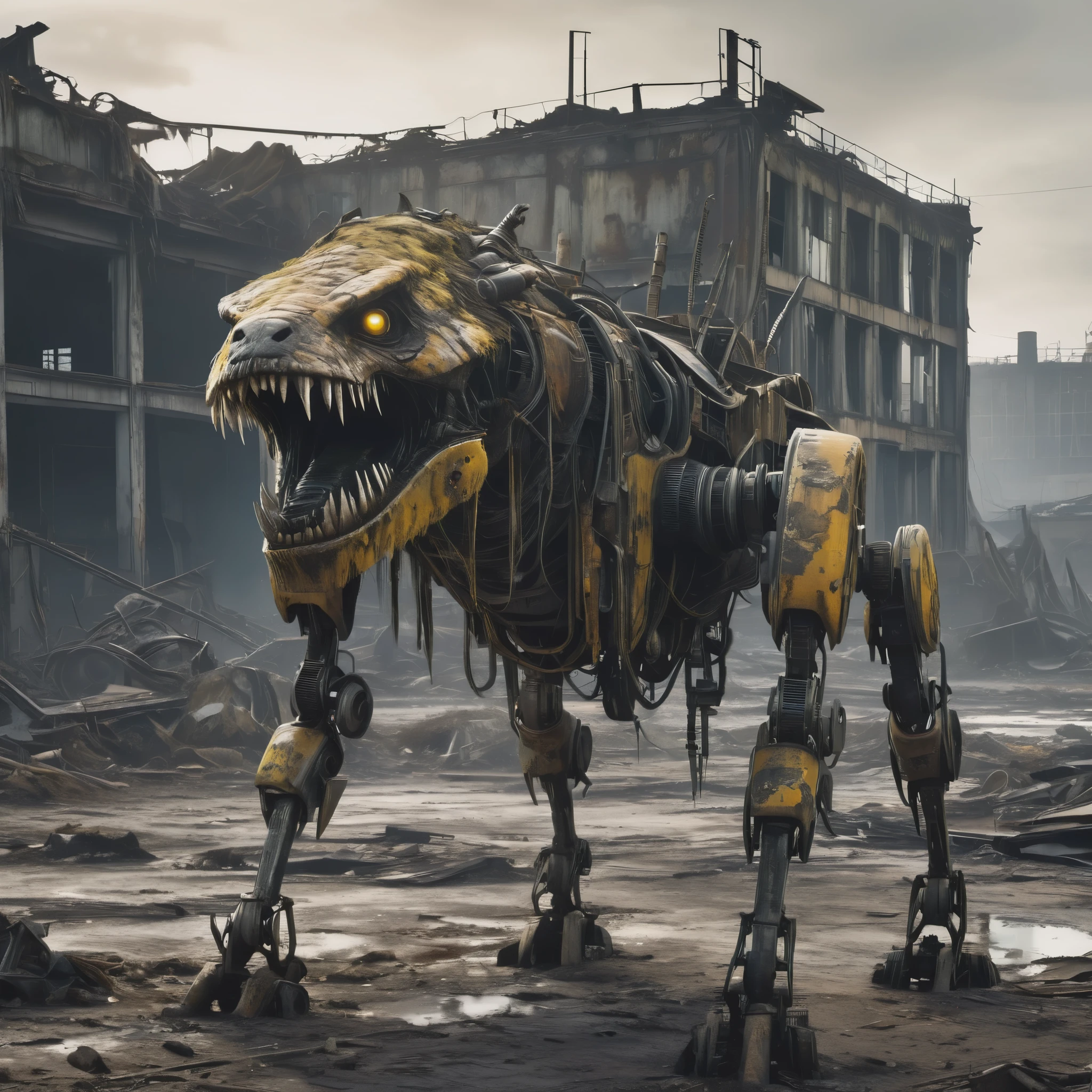 (best quality, highres, ultra-detailed:1.2),(extreme complexity)(multiple subjects) (realistic, photorealistic:1.37), (subject 1: a few humanoid mutants (inspired by random animals), wasteland piecemeal outfits, mutated features, sharp teeth, glowing eyes, various animal characteristics, tattered clothing, rusty metal,), scavenging from sci fi wreckage in wasteland surroundings, post-apocalyptic atmosphere, cracked bones, decaying machinery, abandoned buildings, dusty landscape, toxic air, eerie lighting, somber color palette, gritty texture