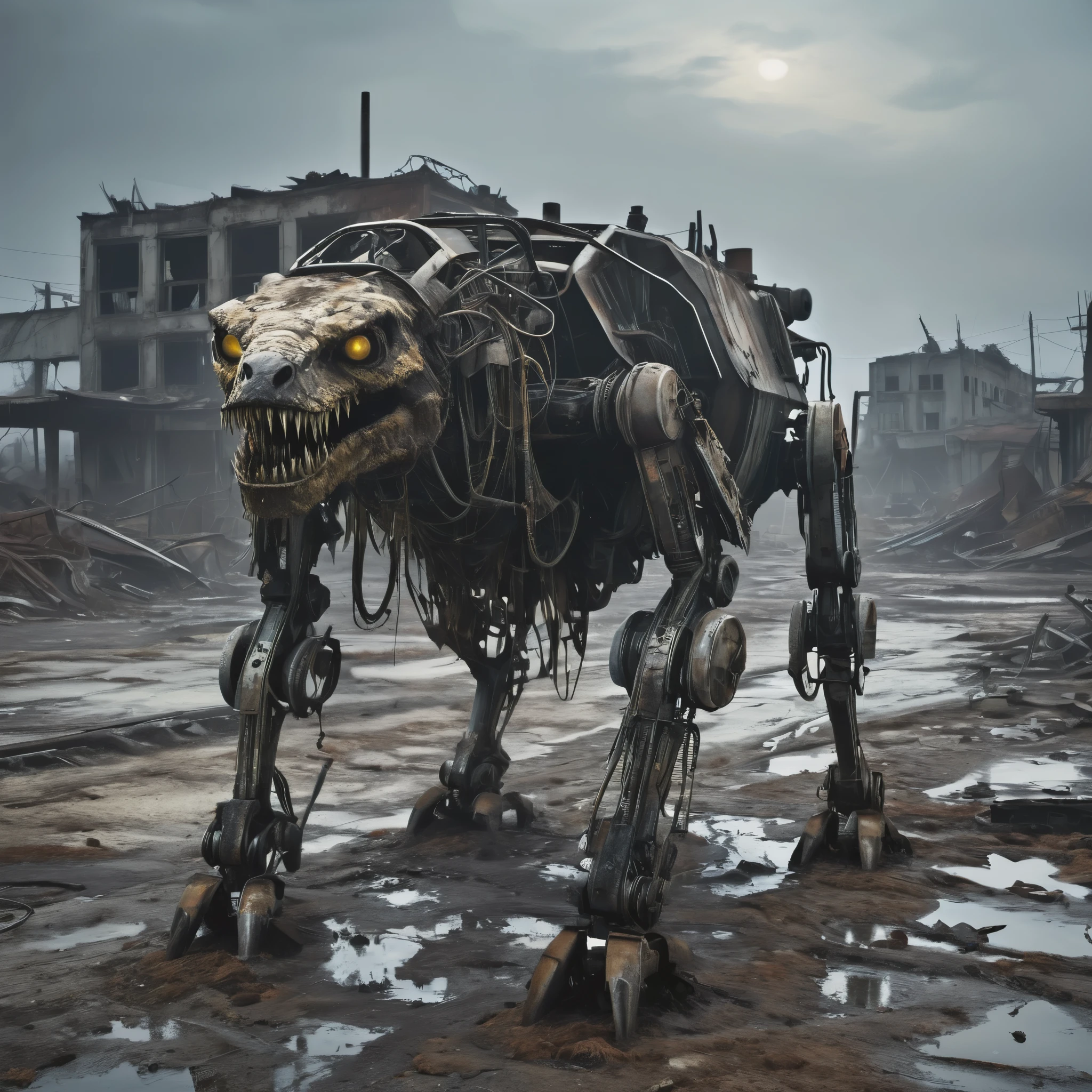 (best quality, highres, ultra-detailed:1.2),(extreme complexity)(multiple subjects) (realistic, photorealistic:1.37), (subject 1: a few humanoid mutants (inspired by random animals), wasteland piecemeal outfits, mutated features, sharp teeth, glowing eyes, various animal characteristics, tattered clothing, rusty metal,), scavenging from sci fi wreckage in wasteland surroundings, post-apocalyptic atmosphere, cracked bones, decaying machinery, abandoned buildings, dusty landscape, toxic air, eerie lighting, somber color palette, gritty texture