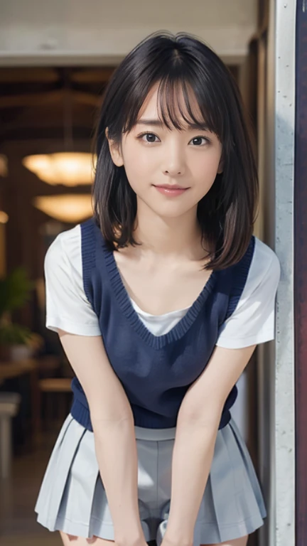 (masterpiece:1.2, highest quality), (realistic, photorealistic:1.4), beautiful illustrations, (natural side lighting, movie lighting), Depth of written boundary,
looking at the viewer, Front view, 1 girl, English, high school girl, 20 years old, perfect face, Cute symmetrical face, shiny skin, open legs,
(bob hair:1.7,blonde), asymmetrical bangs, Big eyes, droopy eyes, long eyelashes chest), thin,
beautiful hair, beautiful face, fine and beautiful eyes, beautiful clavicle, beautiful body, beautiful breasts, beautiful thighs, beautiful feet, beautiful fingers,
((fine fabric texture, brown knit vest, short sleeve white collar shirt, navy pleated skirt, Navy bow tie)),
(beautiful scenery), evening, (Inside the flower shop), Are standing, (smile, Upper grade, open your mouth), (((skirt lift, no panties, genitals visible))), full body shot, dark blue socks, sexy face, inverted nipples, turn around,