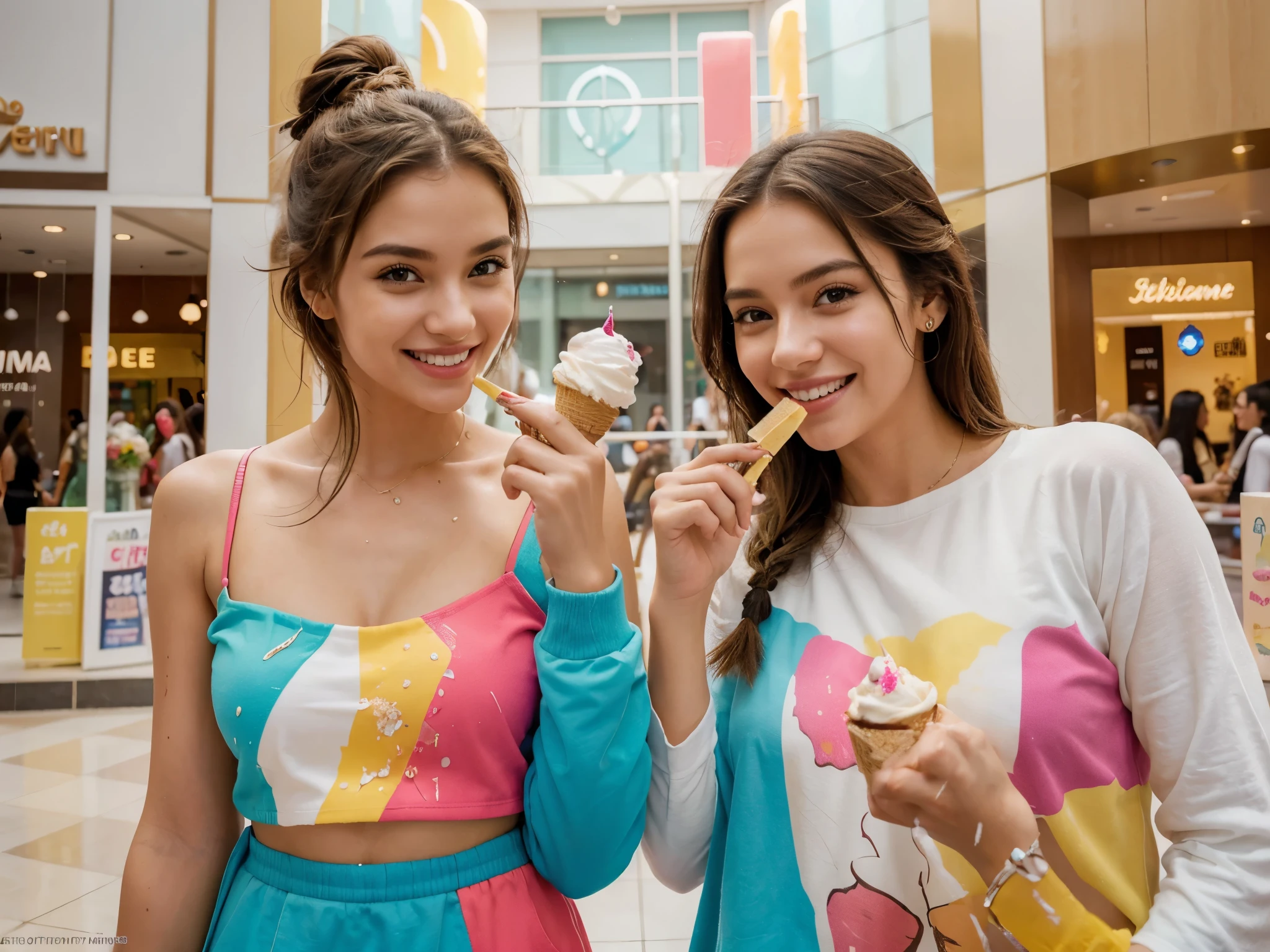 2 girls, eating ice cream, happy, cheerful smiling faces, posing in a shopping mall, excited, meeting after a long time, indoor shopping mall, modern, bright and colorful atmosphere, impressive architectural design, large glass windows, people shopping in the background , beautiful decorations, happy atmosphere, fun mood, vibrant colors, eye-catching outfits, stylish clothes, cool hairstyles, youthful, energetic, lively, full of life, enjoying the moment, expressive eyes, detailed facial features, elaborate hairstyles, expressing your happiness, ice. dripping cream, delicious flavors and toppings, tantalizing dessert, rich textures, creamy and smooth ice cream, crunchy cones, sweet and refreshing delight, high quality ingredients, indulgent experience, high resolution image, ultra detailed, photorealistic, vivid colors, professional lighting , artistic composition, perfectly captured moment, warm golden lighting, creating a cozy and welcoming atmosphere.
