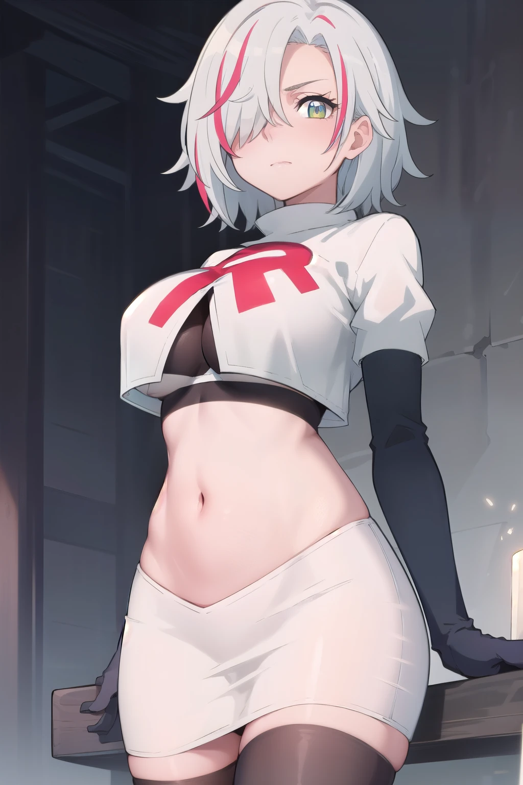 (masterpiece:1.2, best quality), (finely detailed beautiful eyes: 1.2), solo focus, (ultra-detailed, hires), (modern day, beautiful detailed face, beautiful detailed eyes), 1girl, , Sofia Bulga , short hair,streaked hair , hair over one eye , , blush, large breasts , team rocket,team rocket uniform,white skirt,red letter R,crop top,black thigh-highs , High contrast, beautiful elegant woman, adult, (best illumination, an extremely delicate and beautiful),(simple backround, outdoors), looking at viewer,beautiful detailed glow,