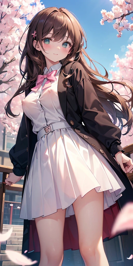 ((masterpiece, highest quality, High resolution, 超High resolution, Perfect Pixel, Written boundary depth, 4K, About RTTX10.0, High resolution))), 1 girl, single, alone, Beautiful Anime Girls, Beautiful art style, Anime characters, ((Long Hair, bangs, Dark brown hair, Curly Hair:0.4, Simple hairpin)), ((Green Eyes:1.4, Round eyes, Beautiful eyelashes, Realistic eyes)), ((Detailed face, blush:1.2)), ((Smooth texture:0.75, Realistic texture:0.65, Realistic:1.1, Anime CG Style)), Medium Chest, ((Dynamic Angle, throw, close)), Perfect body, ((Red bow tie, , Black jacket, Open jacket, Brown cardigan, White shirt showing pink nipples, Black Skirt, Check skirt)), smile, amusement park, put your hands behind your back, Leaning forward, cherry blossoms、Exhibitionism、Exposed outside、conversion