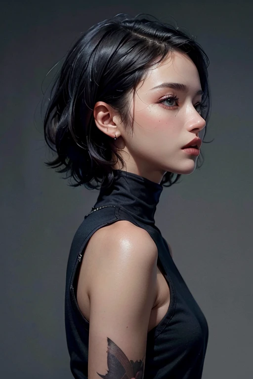a 30 yo woman,(hi-top fade:1.3),long hair,dark theme, soothing tones, muted colors, high contrast, (natural skin texture, hyperrealism, soft light, sharp),
