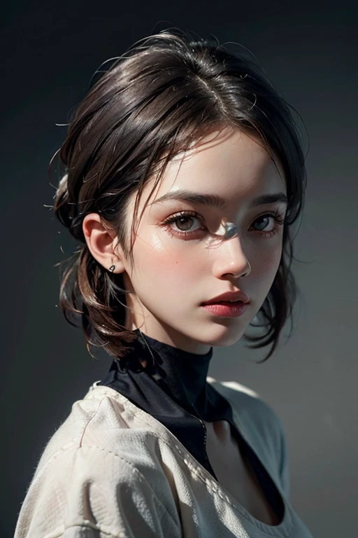 a 30 yo woman,(hi-top fade:1.3),long hair,dark theme, soothing tones, muted colors, high contrast, (natural skin texture, hyperrealism, soft light, sharp),