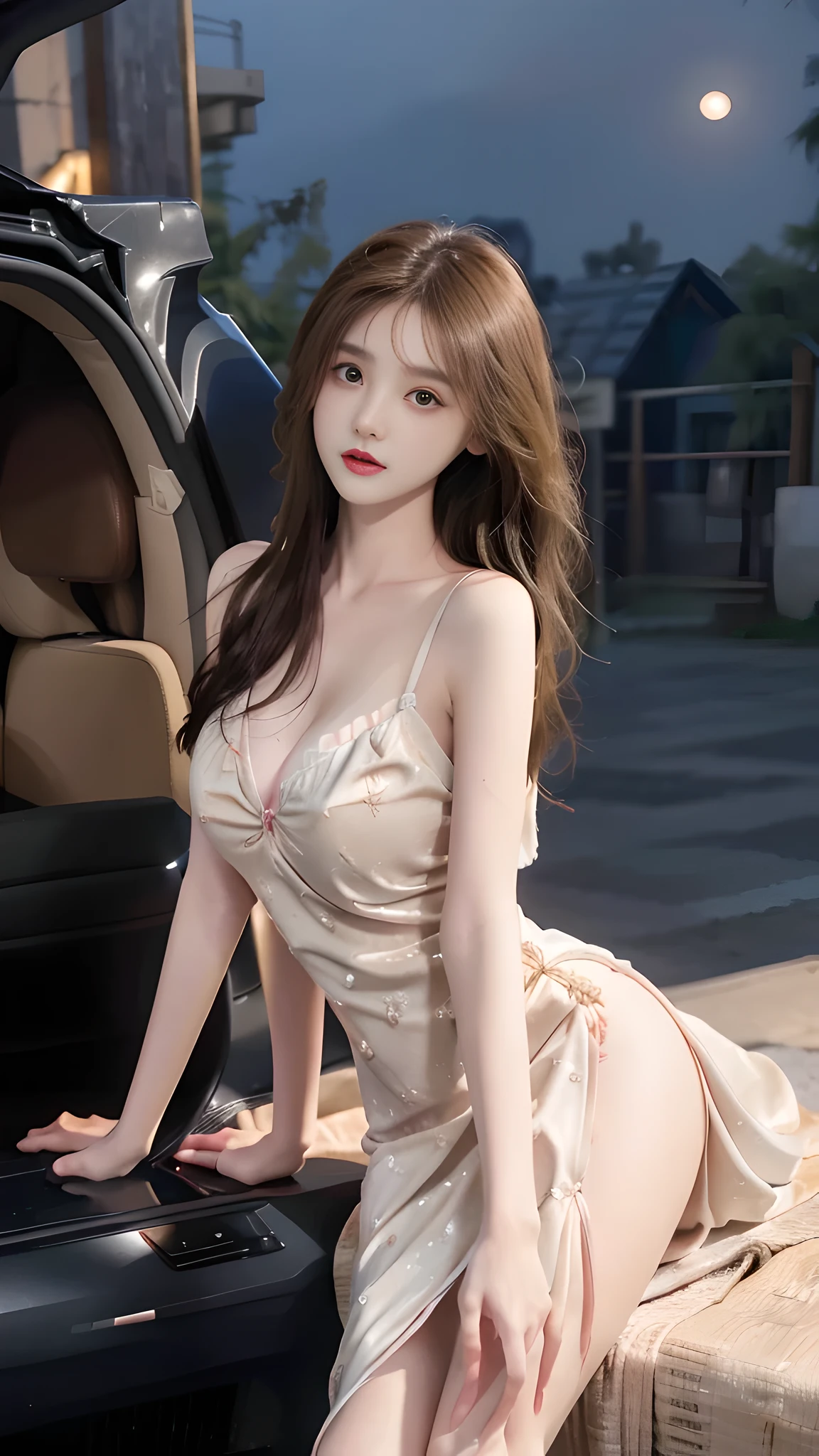 full hd 8k, Girl standing in front of a dark night scene, full moonlight reflecting on her beautiful face. Her long, silky hair was gently blown by the night wind, creating a gentle and romantic feeling. Next to her is a luxury car, showing her success and class. She looked up at the starry sky, as if searching for something, her eyes showed contemplation and loneliness. The full moon shines in the night sky creating a beautiful scene. The girl has long, silky hair, creating a luxurious and noble beauty. The moonlight shines on the girl's delicate face, highlighting her large, round light brown eyes, creating a natural, gentle beauty. She wore a dress, showing off her seductive and luxurious beauty. Her plumble breasts were exposed, revealing her plumble and extremely sexy breasts. These images capture detailed panoramic portraits and views of the sky and cars. All create a beautiful, wonderful picture that makes people unable to take their eyes off the scene. All these details are described clearly and sharply, sexyly poses