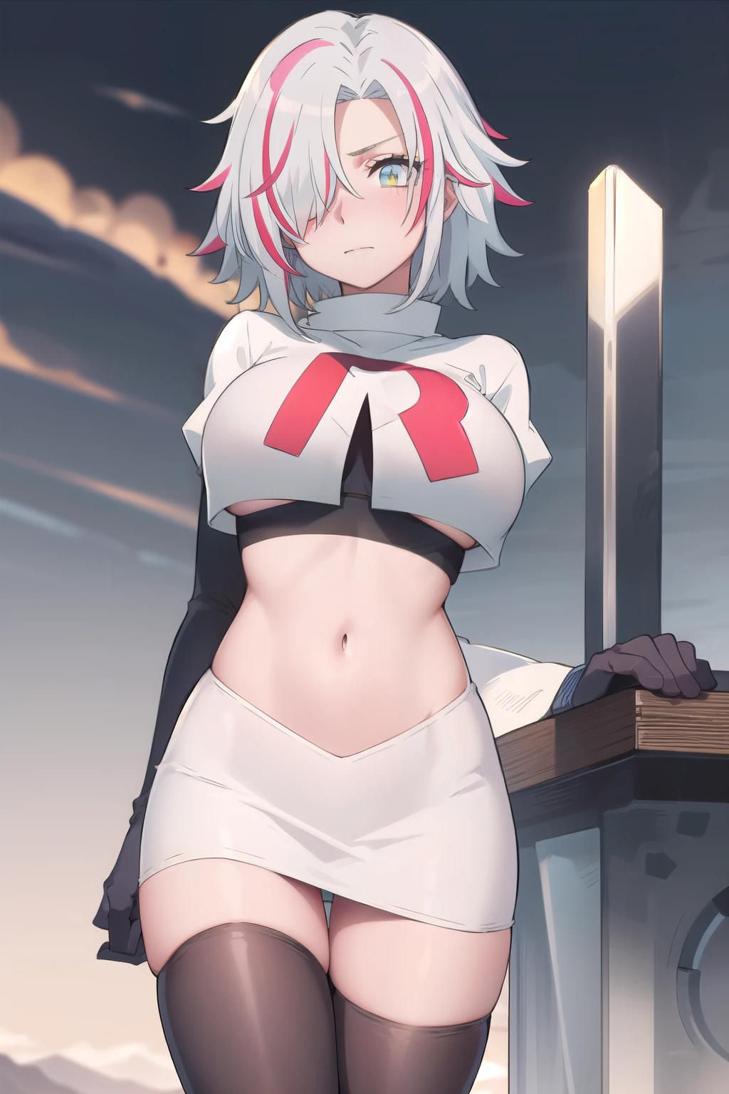 (masterpiece:1.2, best quality), (finely detailed beautiful eyes: 1.2), solo focus, (ultra-detailed, hires), (modern day, beautiful detailed face, beautiful detailed eyes), 1girl, , Sofia Bulga , short hair,streaked hair , hair over one eye , , blush, large breasts , team rocket,team rocket uniform,white skirt,red letter R,crop top,black thigh-highs , High contrast, beautiful elegant woman, adult, (best illumination, an extremely delicate and beautiful),(simple backround, outdoors), looking at viewer,beautiful detailed glow,