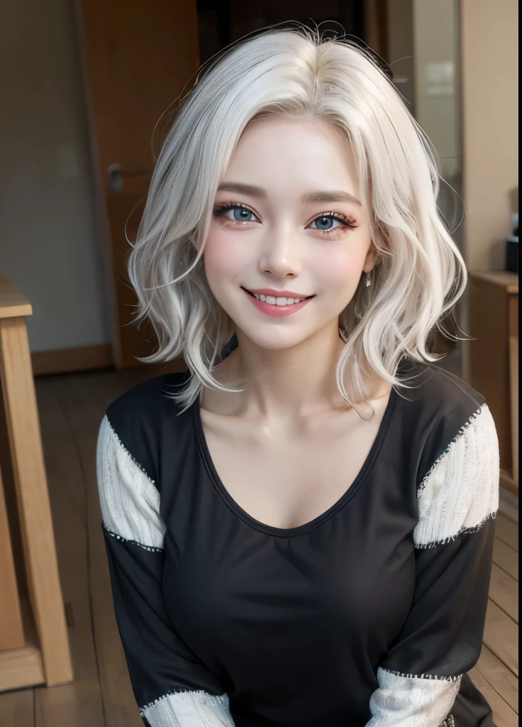 woman, perfect white hair, masterpiece, best quality, indoors,shy, grin, messy twindrills, makeup, dynamic pose, blush, black shirt with white striped sleeves, breasts
