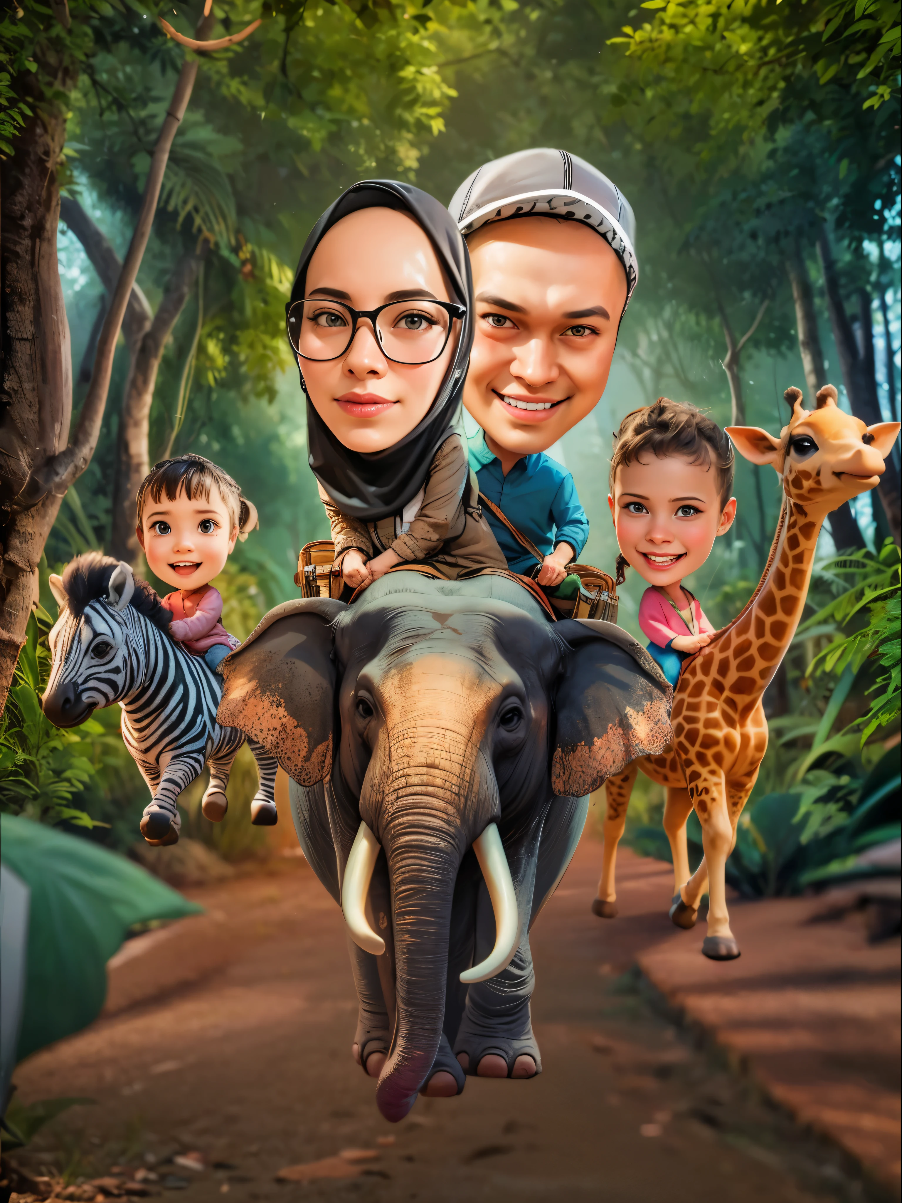 cartoon of a family riding an elephant with a  and two giraffes, realistic cartoon, cartoon art, cartoon painting, digital cartoon painting art, caricature illustration, an indonesian family portrait, cartoon digital art, cartoon digital painting, digital art cartoon, in cartoon style, cartoon artstyle, potrait, cartoon portrait, cartoon art style, 3 d cartoon, family portrait