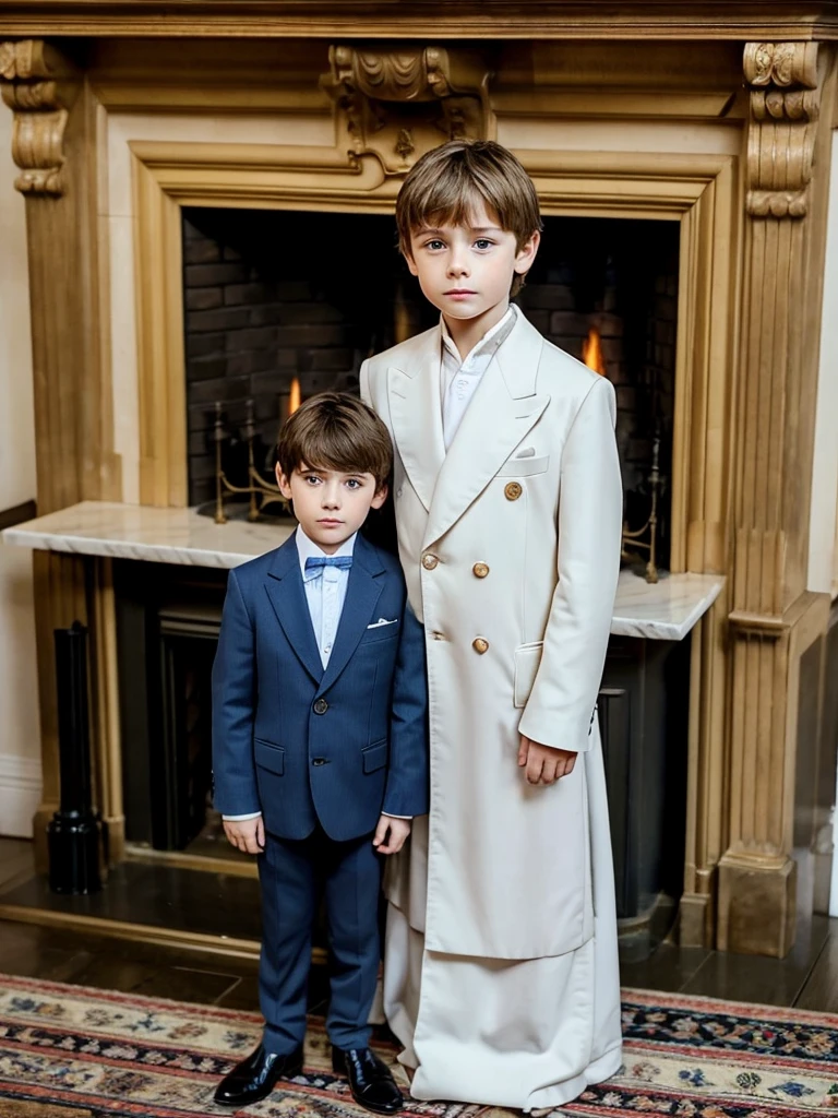 A -yeld boext to a large fireplace, elegant and old, white skin, light brown hair, blue eyes, fine features, handsome boy, shy look, very sad and serious, very elegant clothes, fine London