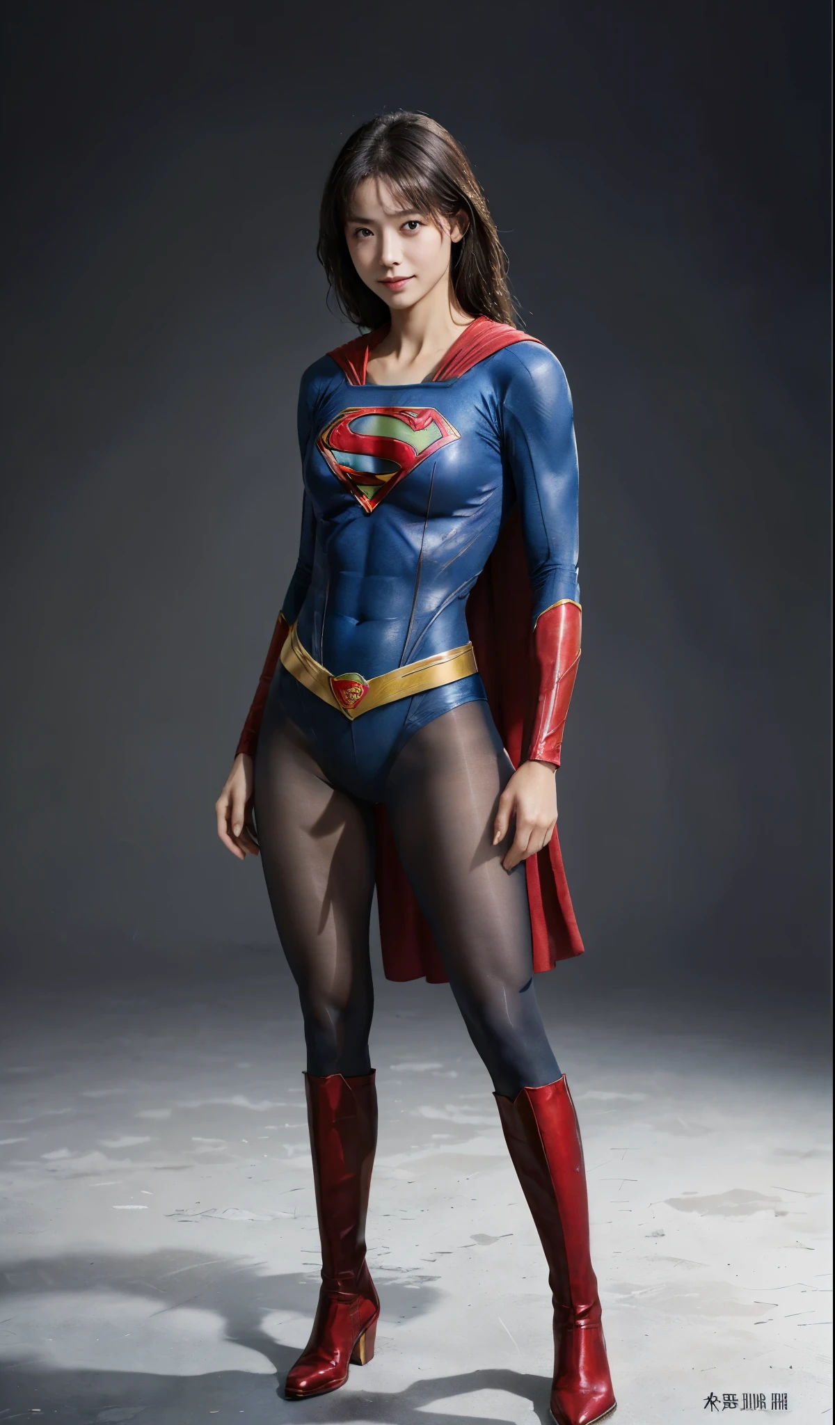 No background、(((Beautiful legs in black tights.)))、(((Legally express the beauty of your smile)))、((((Make the most of your original images)))、(((Supergirl Costume)))、(((Beautiful Hair)))、(((suffering)))、(((Please wear black tights....、Wear red boots)))、((Best image quality、8K))、((highest quality、8K、masterpiece:1.3))、(((Preserve background )))、Sharp focus:1.2、Beautiful woman with perfect figure:1.4、Thin abdominal muscles:1.2、Wet body:1.5、Highly detailed face and skin texture、8K