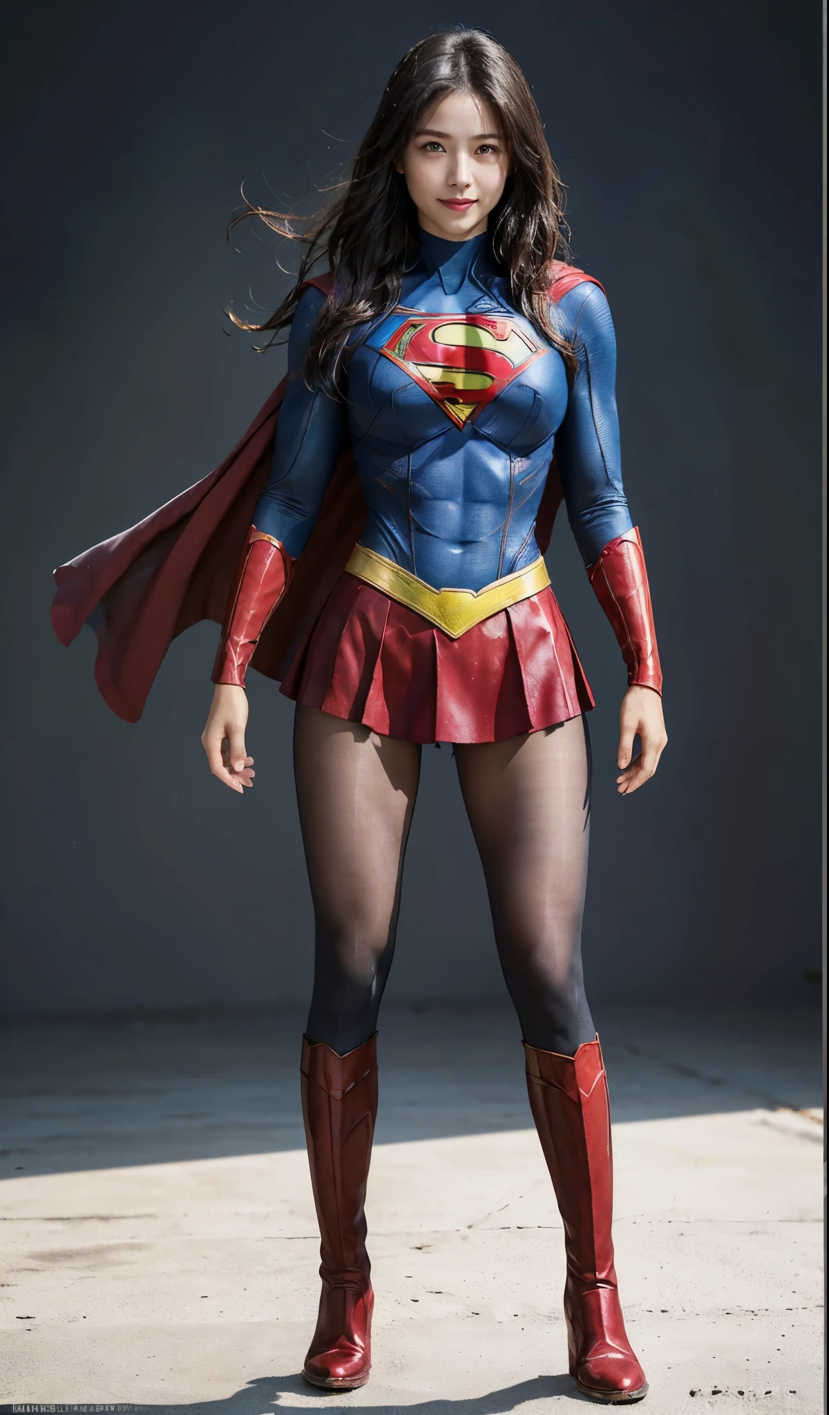 No background、(((Beautiful legs in black tights.)))、(((Legally express the beauty of your smile)))、((((Make the most of your original images)))、(((Supergirl Costume)))、(((Beautiful Hair)))、(((suffering)))、(((Please wear black tights....、Wear red boots)))、((Best image quality、8K))、((highest quality、8K、masterpiece:1.3))、(((Preserve background )))、Sharp focus:1.2、Beautiful woman with perfect figure:1.4、Thin abdominal muscles:1.2、Wet body:1.5、Highly detailed face and skin texture、8K