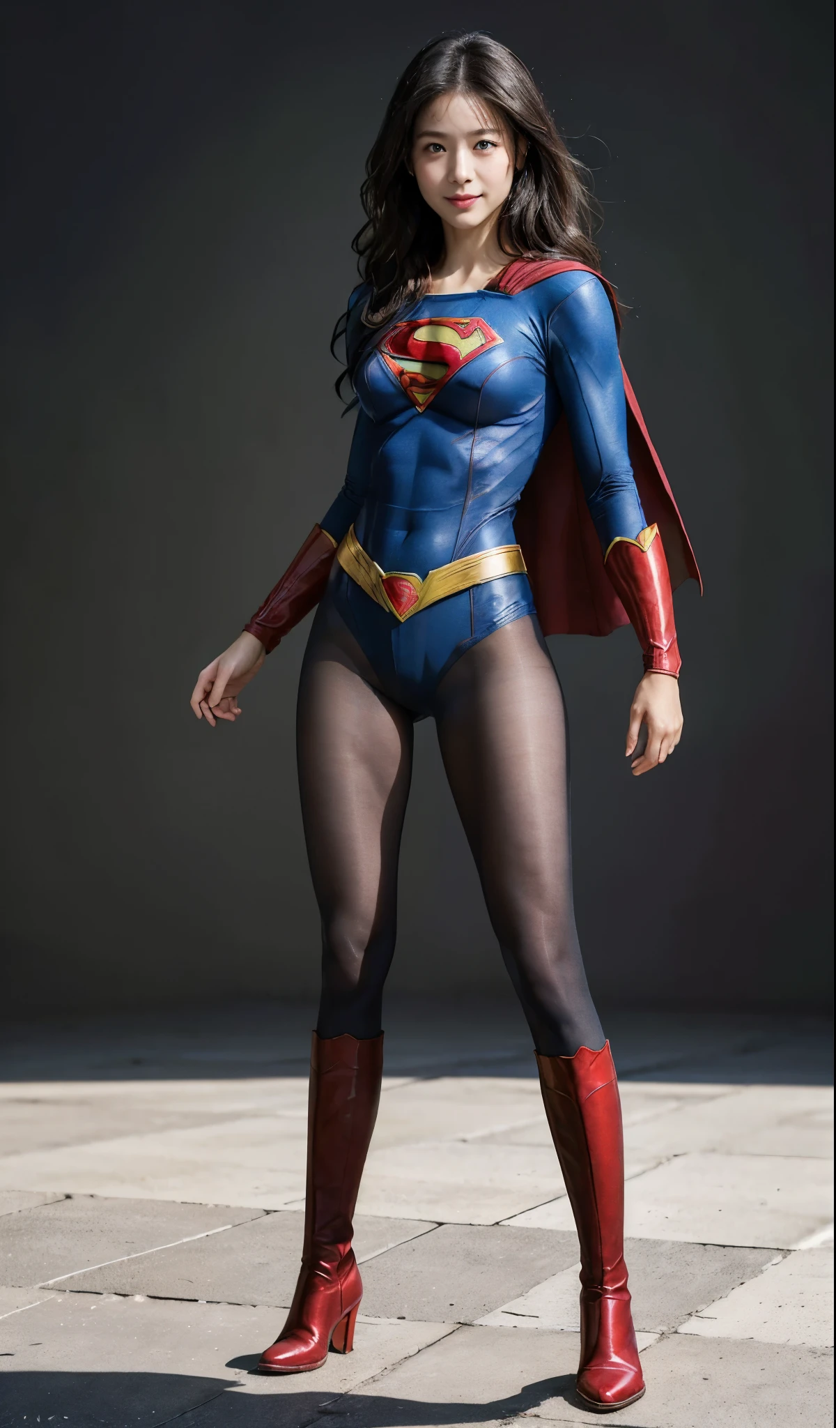 No background、(((Beautiful legs in black tights.)))、(((Legally express the beauty of your smile)))、((((Make the most of your original images)))、(((Supergirl Costume)))、(((Beautiful Hair)))、(((suffering)))、(((Please wear black tights....、Wear red boots)))、((Best image quality、8K))、((highest quality、8K、masterpiece:1.3))、(((Preserve background )))、Sharp focus:1.2、Beautiful woman with perfect figure:1.4、Thin abdominal muscles:1.2、Wet body:1.5、Highly detailed face and skin texture、8K