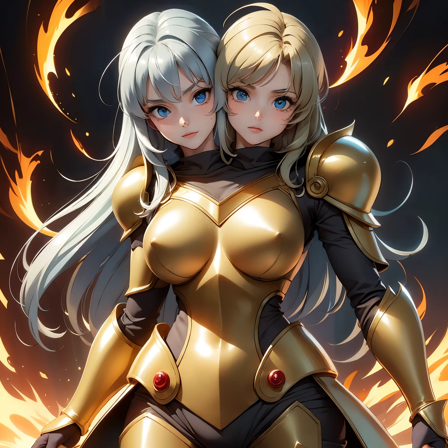 (Masterpiece), (Best Quality), (1 Girl), Girl in Golden Armor, Cool Pose, Battlefield Background, Fire Background, Saint Seiya Armor, Messy Hair, Broken Armor, Ragged Clothes, (two heads)