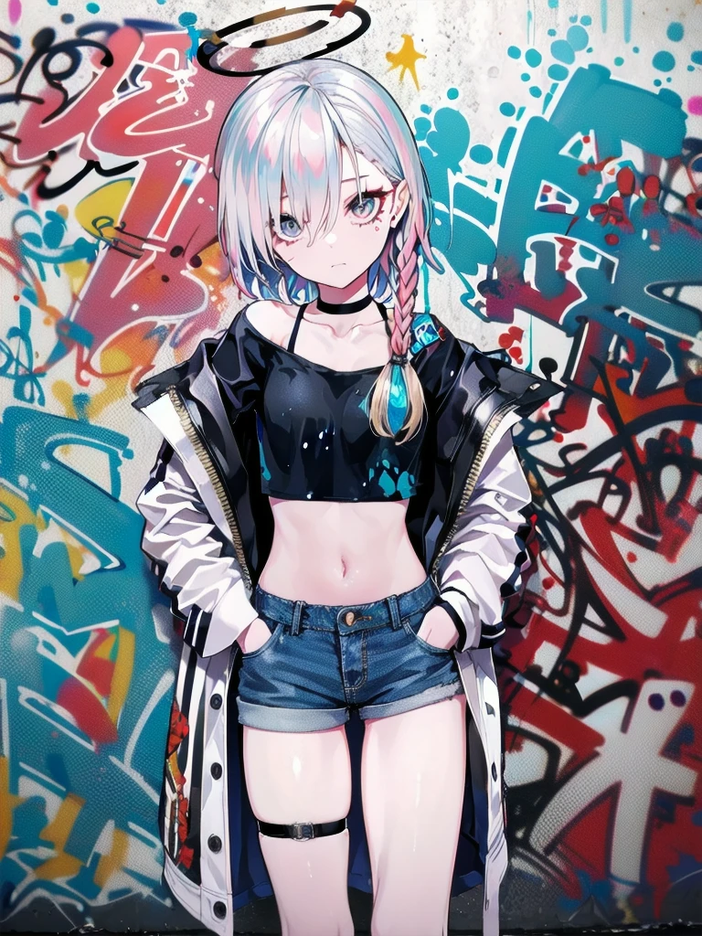 (best quality,1 woman,alone),(striped hair:white),(crop top:white),(sukajan coat),(dark denim shorts),(choker),(graffiti:1.25),(splash of color),(nonsense),(lean back),(leaning against the wall),(tilt to the side:0.125),(watch the audience),(armband),(thigh strap),(paint on body),(eyes aimed upwards),(heading down),(tilt your head),(from the side:0.9),(expressionless:0.75),(hand into pocket)