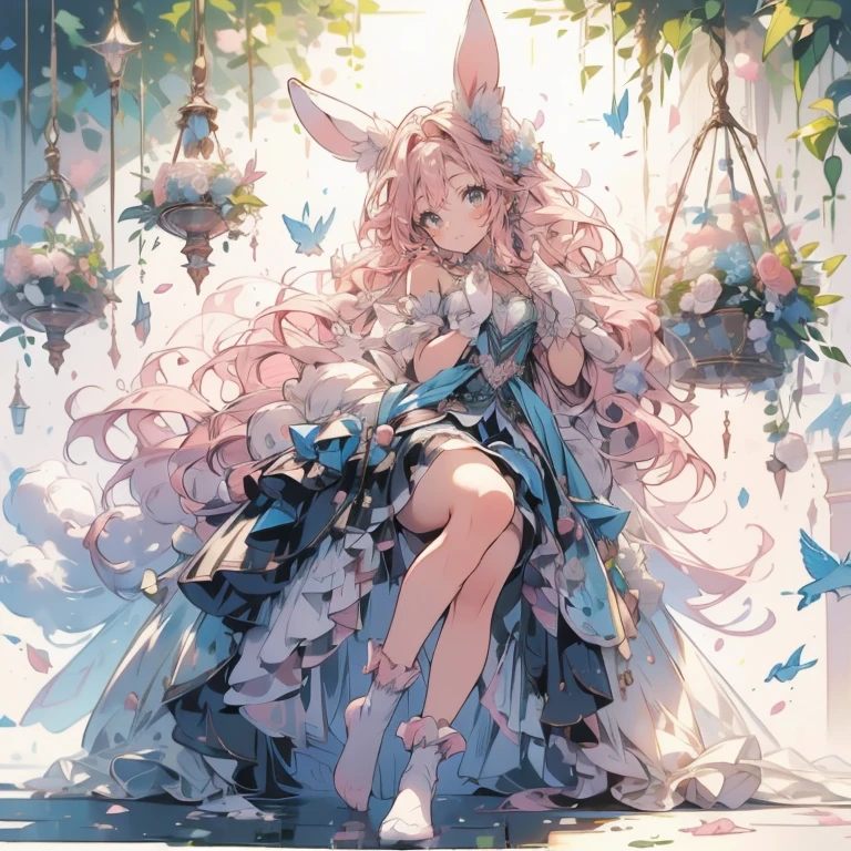 (Exquisite, beautiful, Very detailed, masterpiece, high quality,High resolution),(Well-formed face,Soft thin lines: 1.2,),(A girl with a rabbit motif,Fluffy floppy ears and a big bunny tail,Wear fluffy gloves and socks,very little girl),Happy and relaxed on a fluffy cloud,Fluffy and soft lace clothing, frills and ribbons,Beautiful fur,barefoot,(Short eyebrows,Pale pink blush, Plump pink lips,Small Nose,Double teeth,When I laugh, Canine teeth visible,Eye of the Beast,Quite large and fluffy bust,Open chest,Fair skin, Good style),Bright colors,Eye-catching colors,Dynamic Angle,defenseless,The hair is fluffy and soft