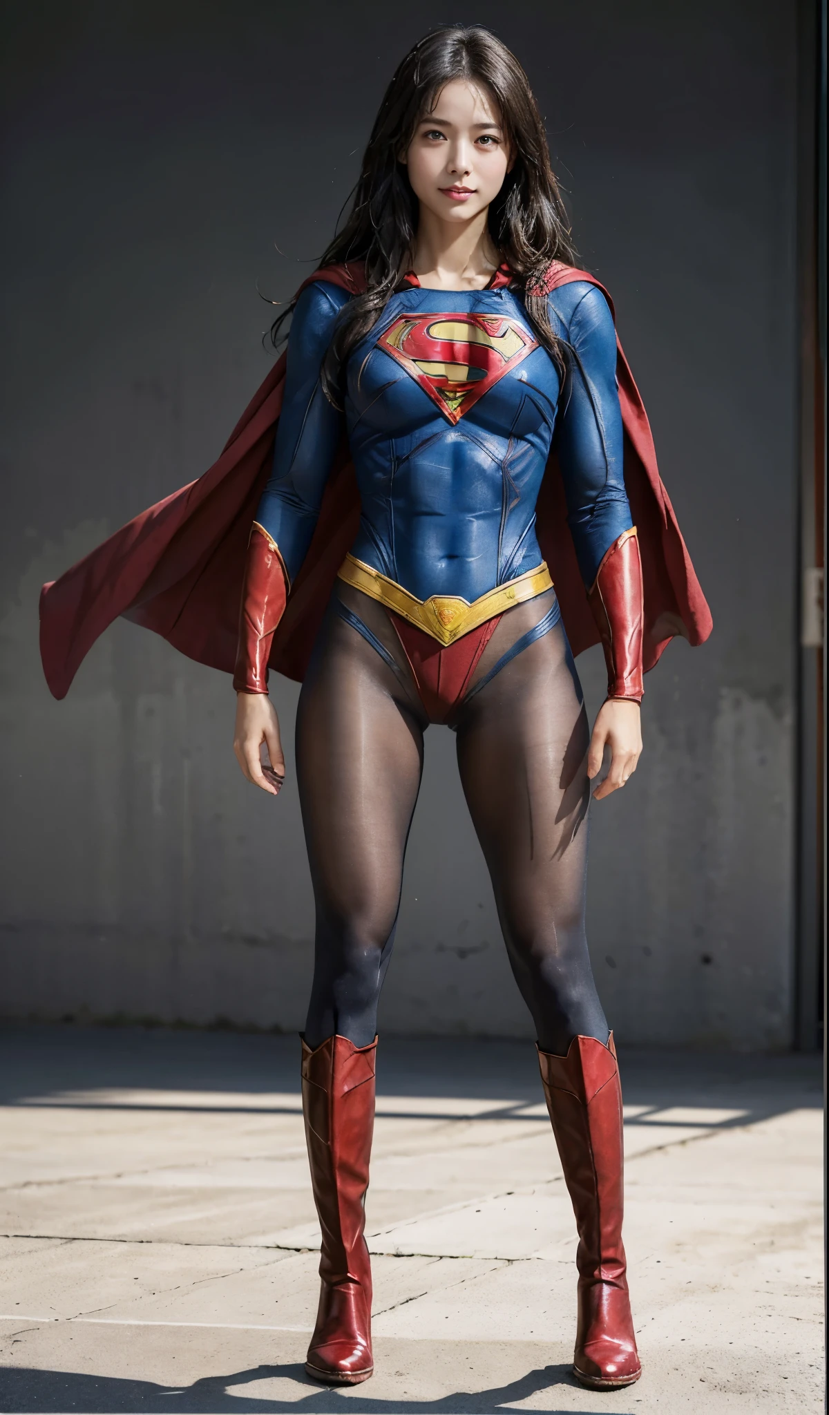 No background、(((Beautiful legs in black tights.)))、(((Legally express the beauty of your smile)))、((((Make the most of your original images)))、(((Supergirl Costume)))、(((Beautiful Hair)))、(((suffering)))、(((Please wear black tights....、Wear red boots)))、((Best image quality、8K))、((highest quality、8K、masterpiece:1.3))、(((Preserve background )))、Sharp focus:1.2、Beautiful woman with perfect figure:1.4、Thin abdominal muscles:1.2、Wet body:1.5、Highly detailed face and skin texture、8K