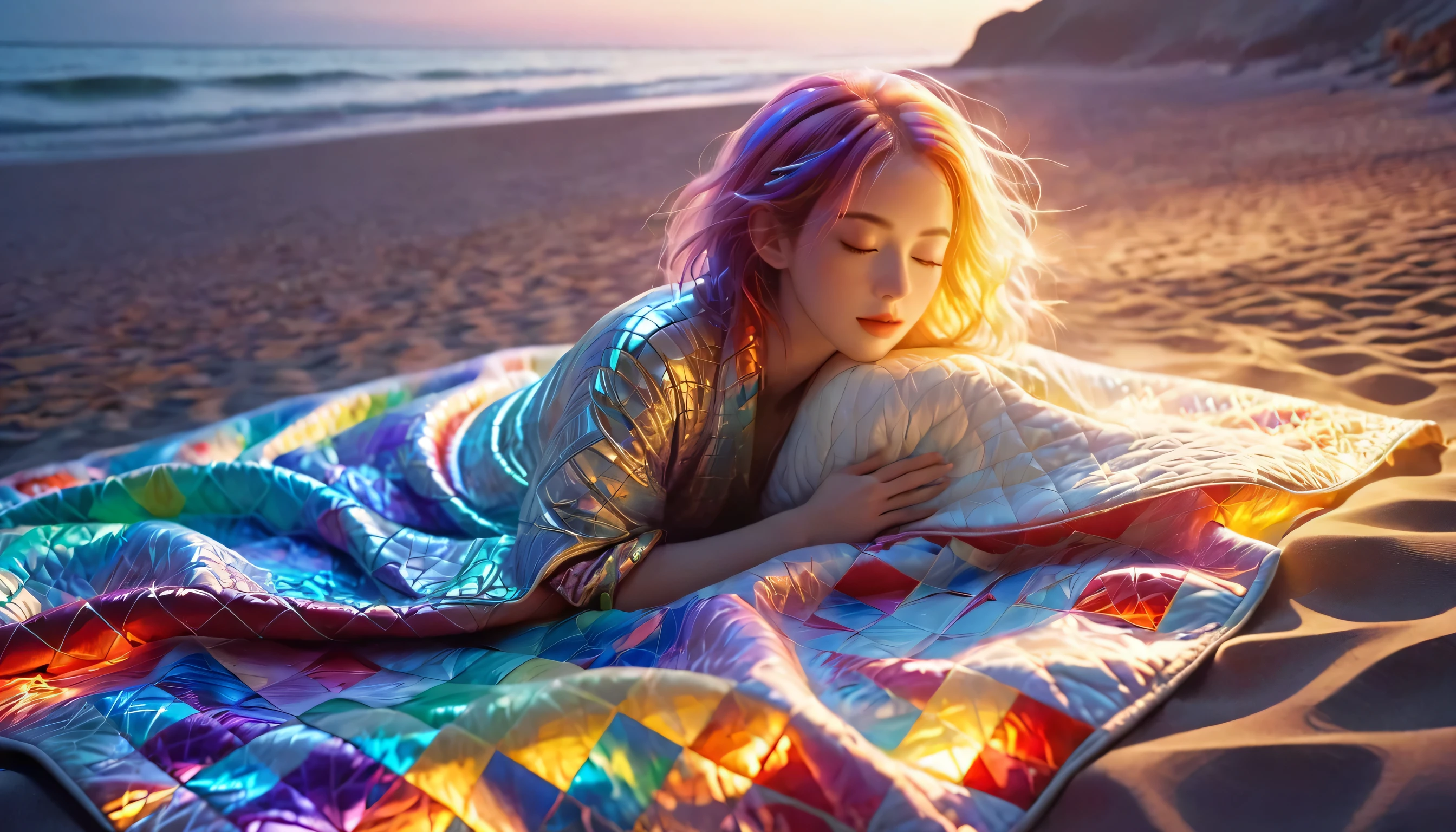 {{masterpiece}}, best quality, Extremely detailed CG unified 8k wallpaper, Movie Lighting,, night,A woman lying on the beach,The body is covered with a quilt,Sleep with eyes closed,The beauty behind, Peaceful night. , multi color hair, (Colorful hair:1.5),