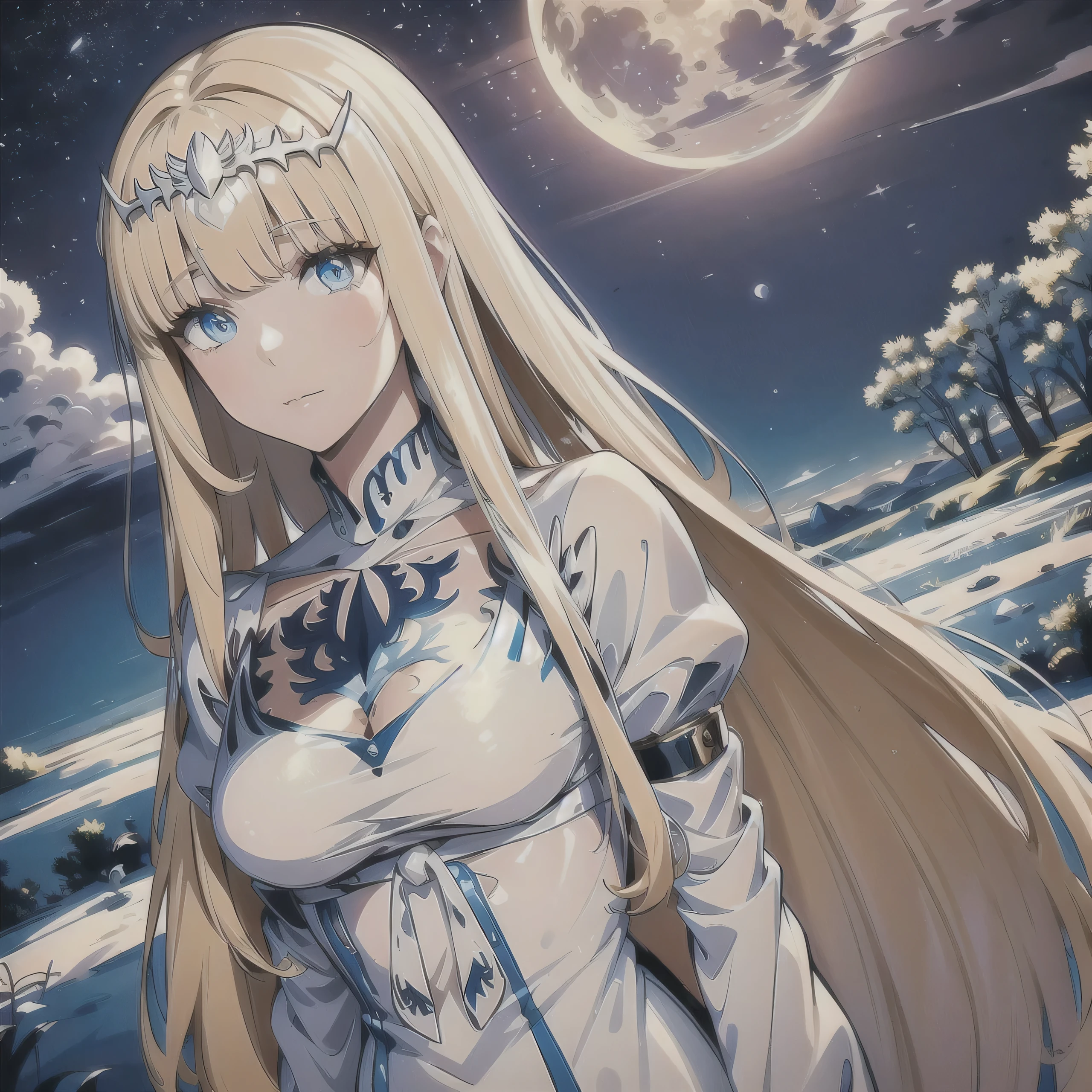 The solitary moon, is enveloped in a veil of smoke. The moonlight, the dream, 1girl,solo, Calca, Calca Bessarez, blonde hair, extremely long hair, very long hair, white tiara, silver tiara, white dress, blue eyes, medium chest