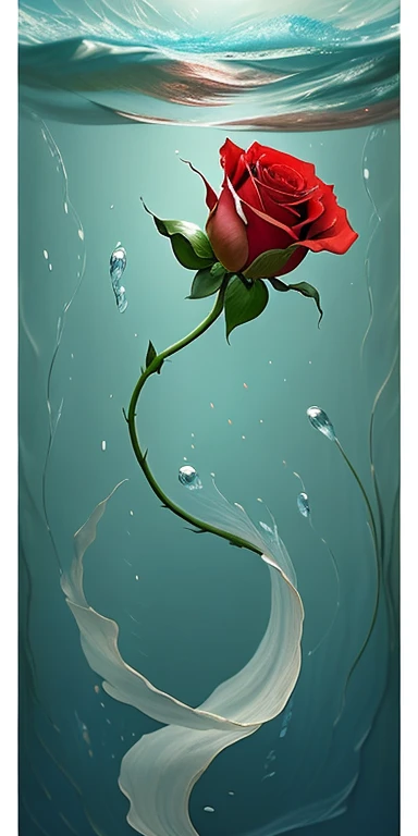 Logo Creation、Line art、highest quality, "In the water+Red Rose" ,Ultra Wide Angle,((Very delicate and beautiful)),A rose in deep water、泳いでいるRed Rose、A masterpiece of transparent painting、background In the water、background white、Transparency、
