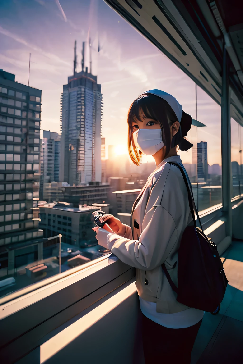 (Tokoyami Towa/(Hololive/):1.5),(masterpiece:1.2),(best quality:1.2),, (1girl:1.3),(origin:1.5),illustration of Tokoyami Towa in the cyberpunk environment of the futuristic city. The image will show Tokoyami Towa in her Japanese outfit with a futuristic mask, sitting on the roof of a building with a panoramic view of the city. Her purple eyes will stand out against the dark and futuristic environment around her. In addition, Tokoyami Towa's Japanese cap and jacket will have futuristic details that give it a touch of advanced technology. The illustration will be highly detailed and realistic, with impressive lighting effects that will make her feel like you are right there.