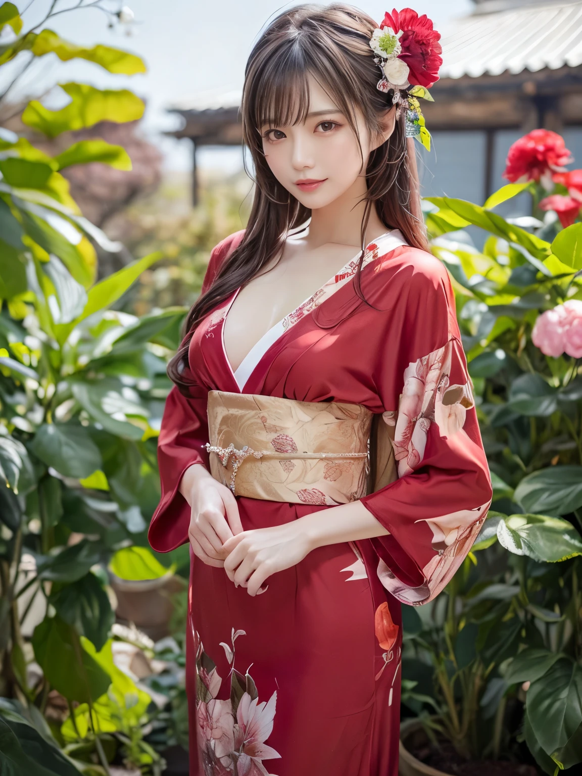 Best Quality, Masterpiece, High Resolution,detailed face,full body, 1girl,sexy, sexy kimono Costume, , Real People, (High Detail Skin: 1.4), SLR, Soft Light, High Quality, High Resolution, Background fantasy world, dynamic pose , flirty pose, smile , charming face , long hair , cherry bloosom, ,flirty pose