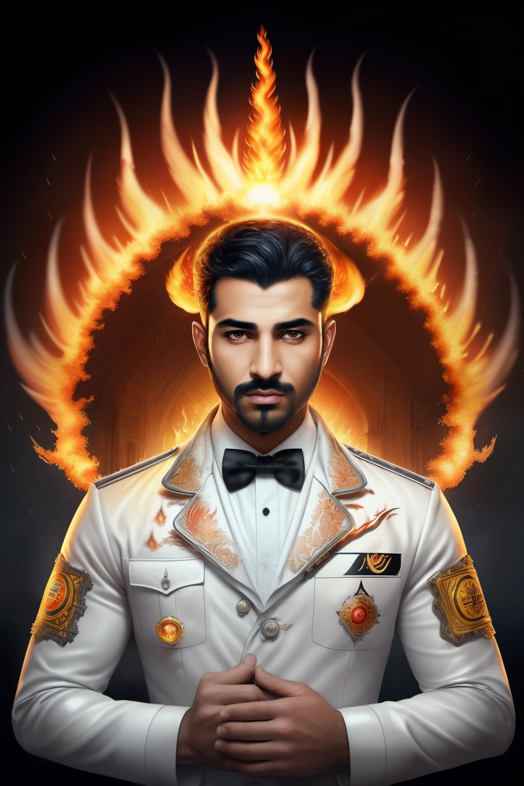 masterpiece,best quality, illustration,{arabic man},beautiful detailed glow,(flames of war:1.2),(nuclear explosion behide:1.3),rain,detailed lighting,detailed water,(beautiful detailed eyes:1.1),expressionless,palace,long bangs,(whitegrey dress:1.1),black ribbon,white bowties,midriff,big forhead,blank stare,flower,long sleeves