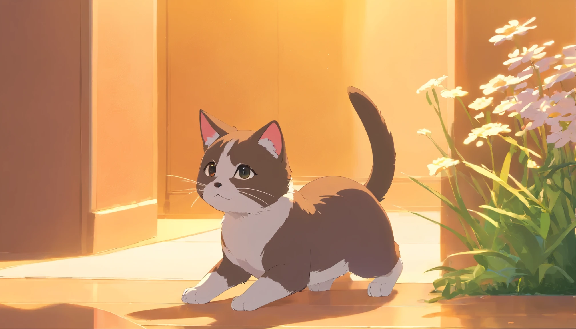 Little cute isometric cat emoji, Tuxedo jack, black and white cat, Furry and pretty, Pastel gold background, soft and muted colors, 3d icon clay render, Spring 120mm, 3D blender rendering, trending on polycount, modular constructivism, Orange background, physically-based renderingt, Center Kitten raises hand