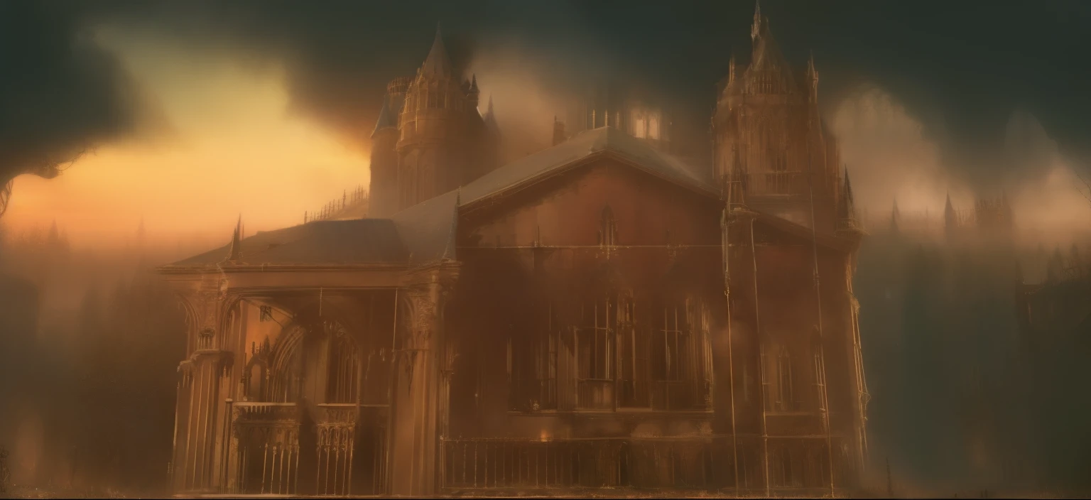 a gothic home is on fire, window bars, victorian home details, gothic architecture details, stone pathway, cut grass, wildflowers, nighttime, fire, the house is on fire